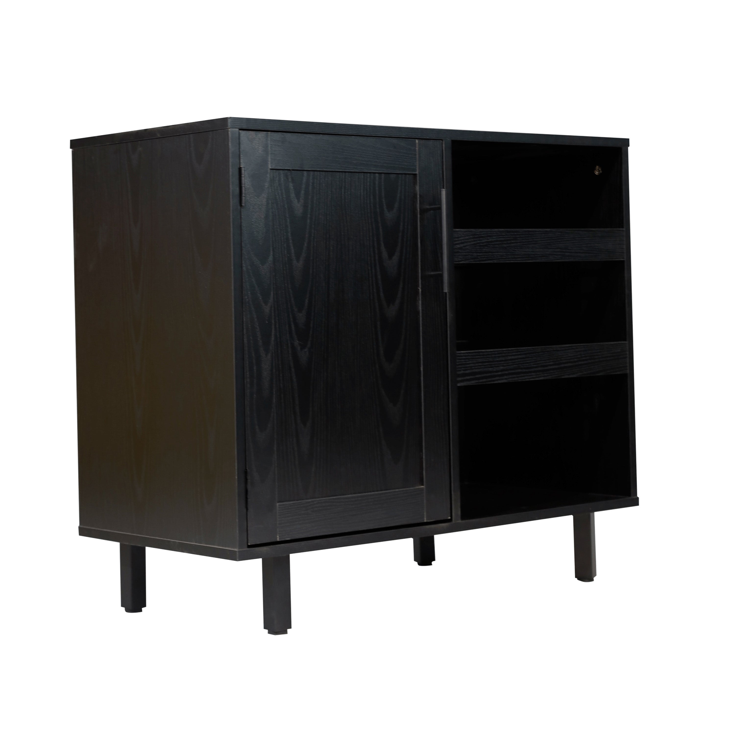 Elmont Classic Bar and Sideboard with Shaker Style Single Door Cabinet with Hanging Glass Storage and Open Bottle Shelves, Black