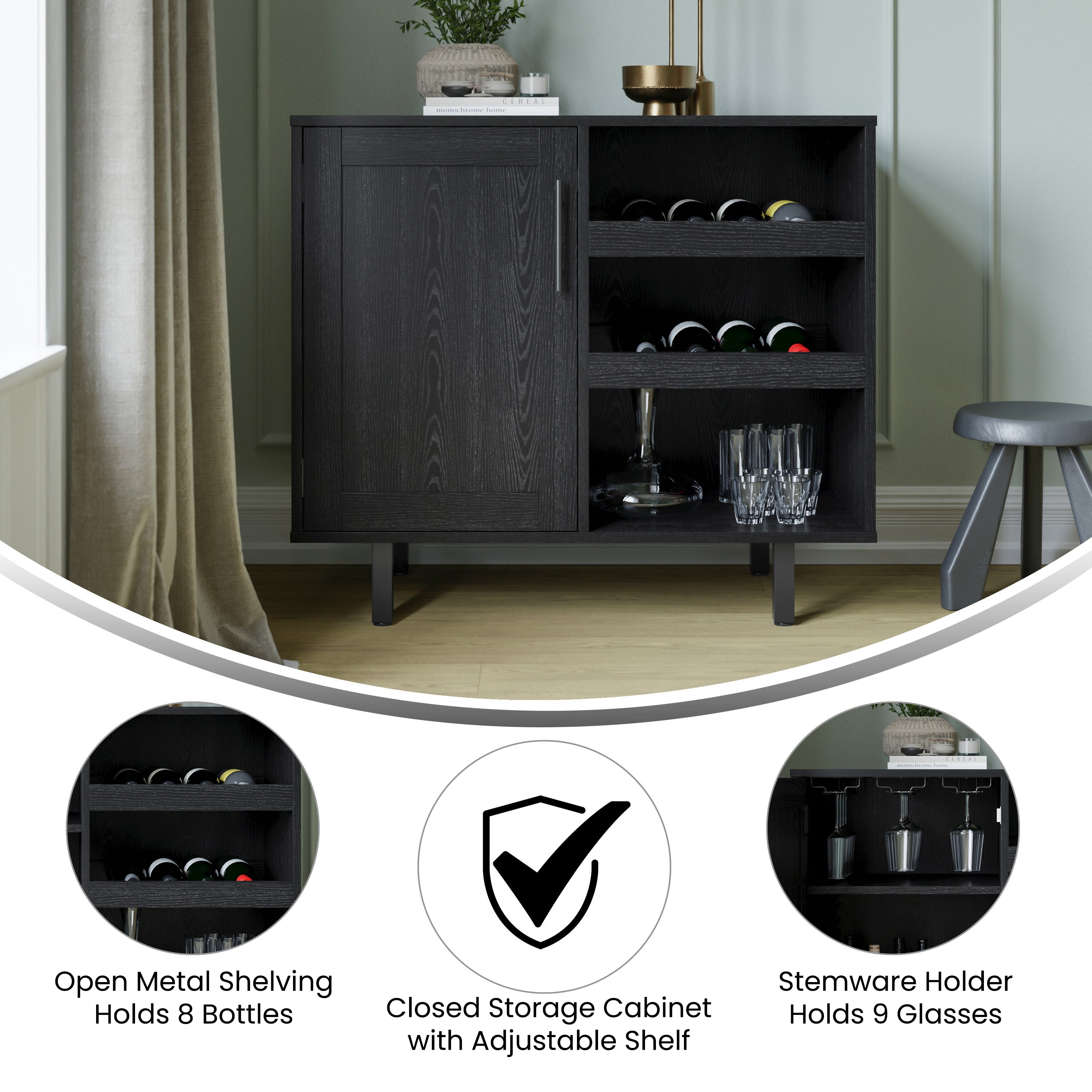 Elmont Classic Bar and Sideboard with Shaker Style Single Door Cabinet with Hanging Glass Storage and Open Bottle Shelves, Black