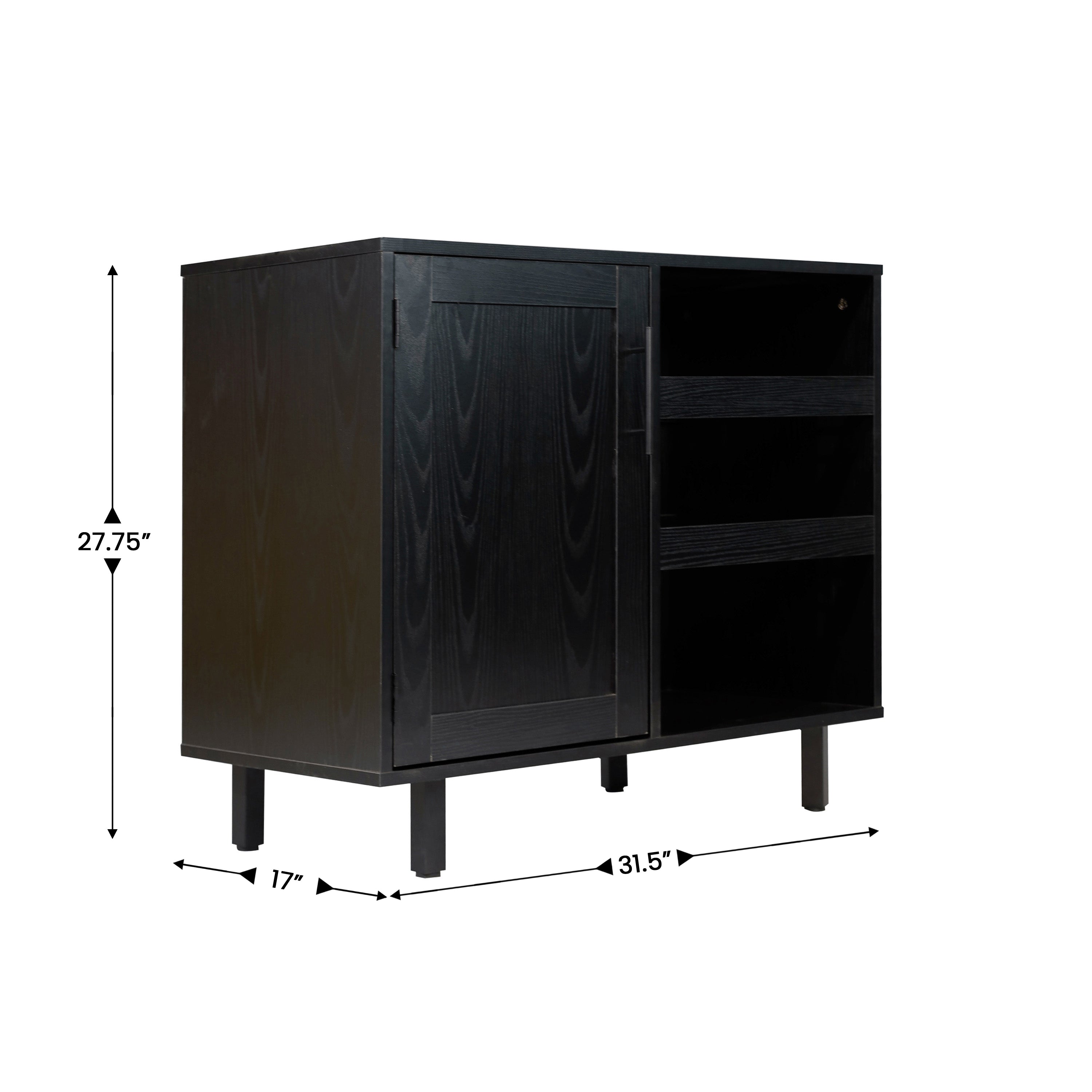 Elmont Classic Bar and Sideboard with Shaker Style Single Door Cabinet with Hanging Glass Storage and Open Bottle Shelves, Black