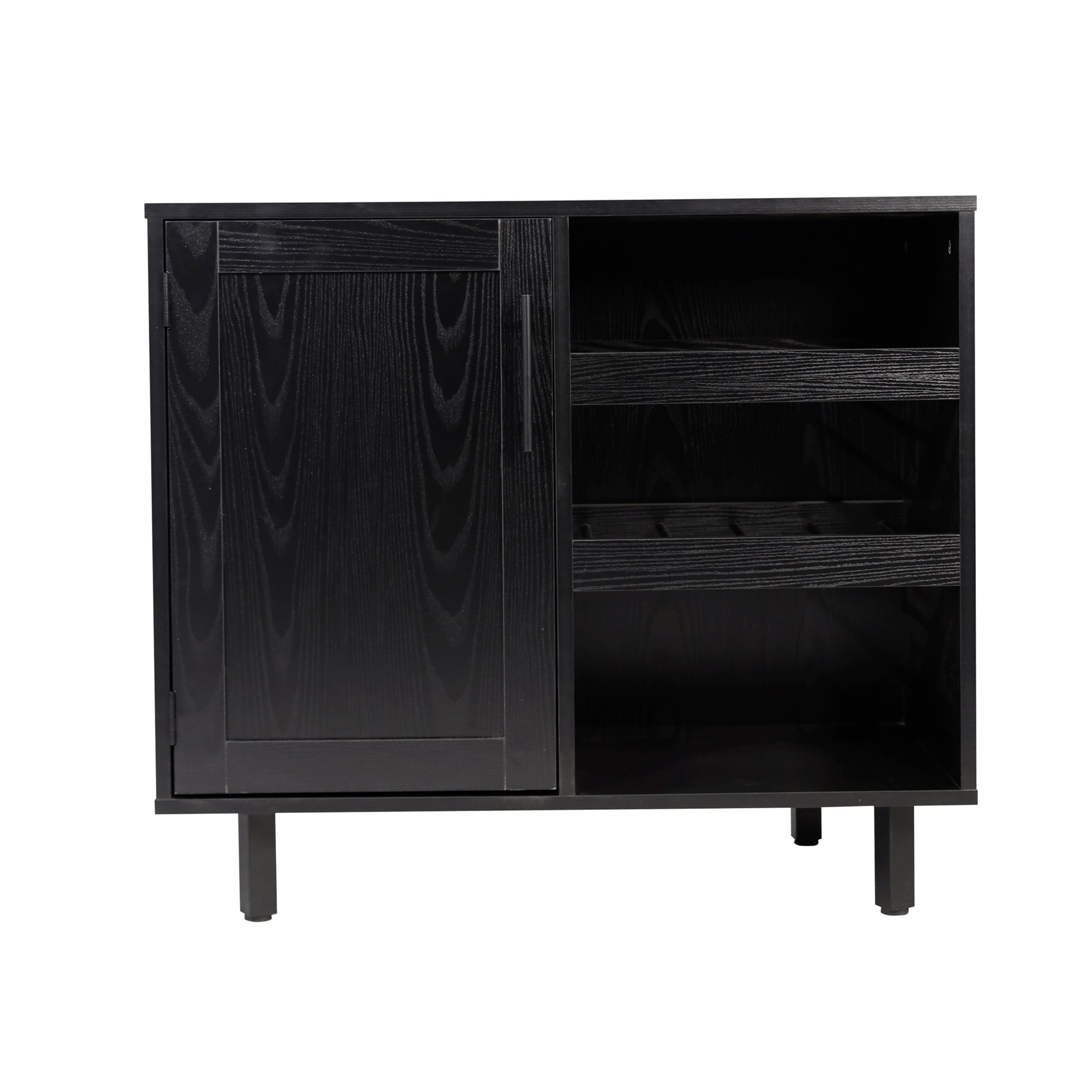 Elmont Classic Bar and Sideboard with Shaker Style Single Door Cabinet with Hanging Glass Storage and Open Bottle Shelves, Black