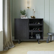 Elmont Classic Bar and Sideboard with Shaker Style Single Door Cabinet with Hanging Glass Storage and Open Bottle Shelves, Black
