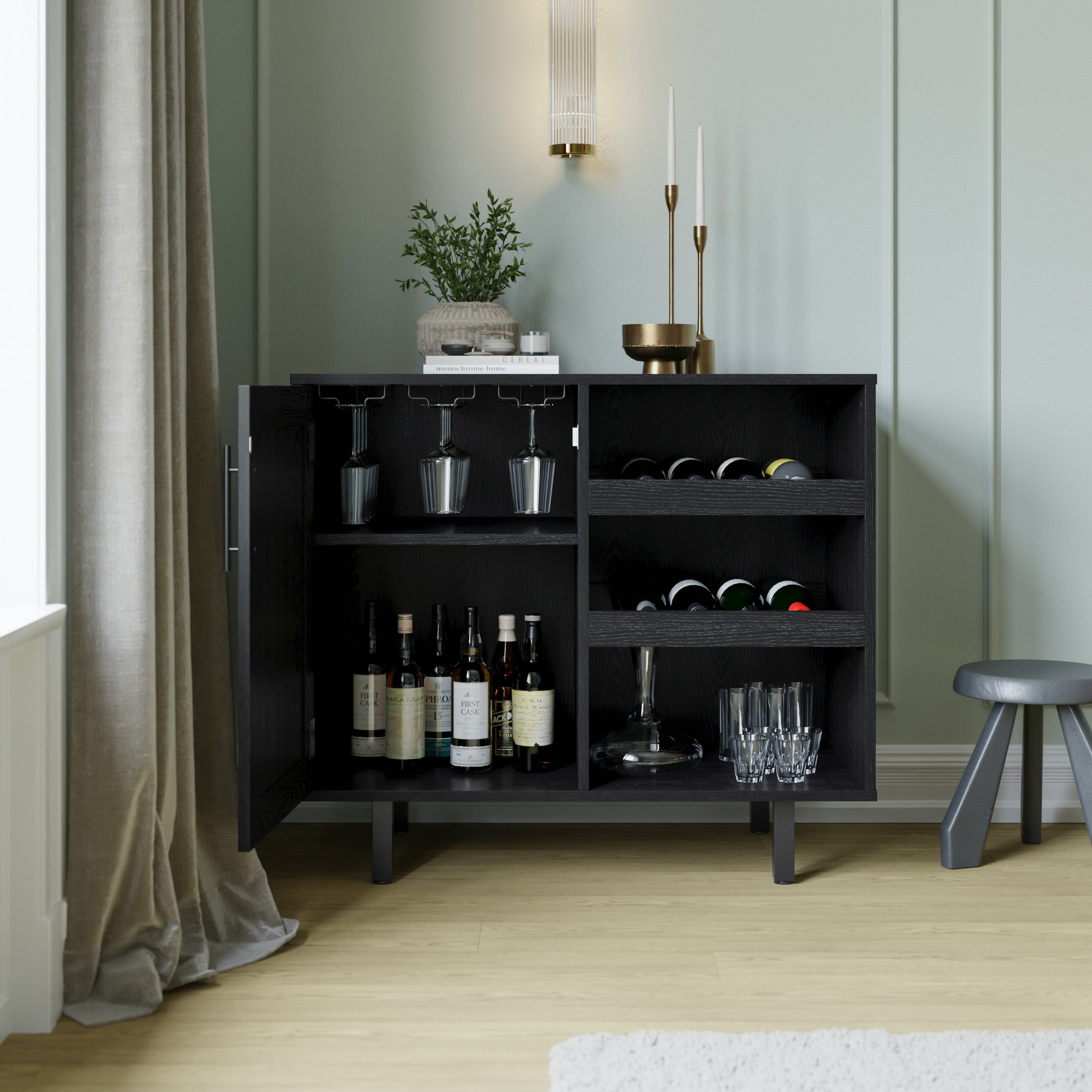 Elmont Classic Bar and Sideboard with Shaker Style Single Door Cabinet with Hanging Glass Storage and Open Bottle Shelves, Black
