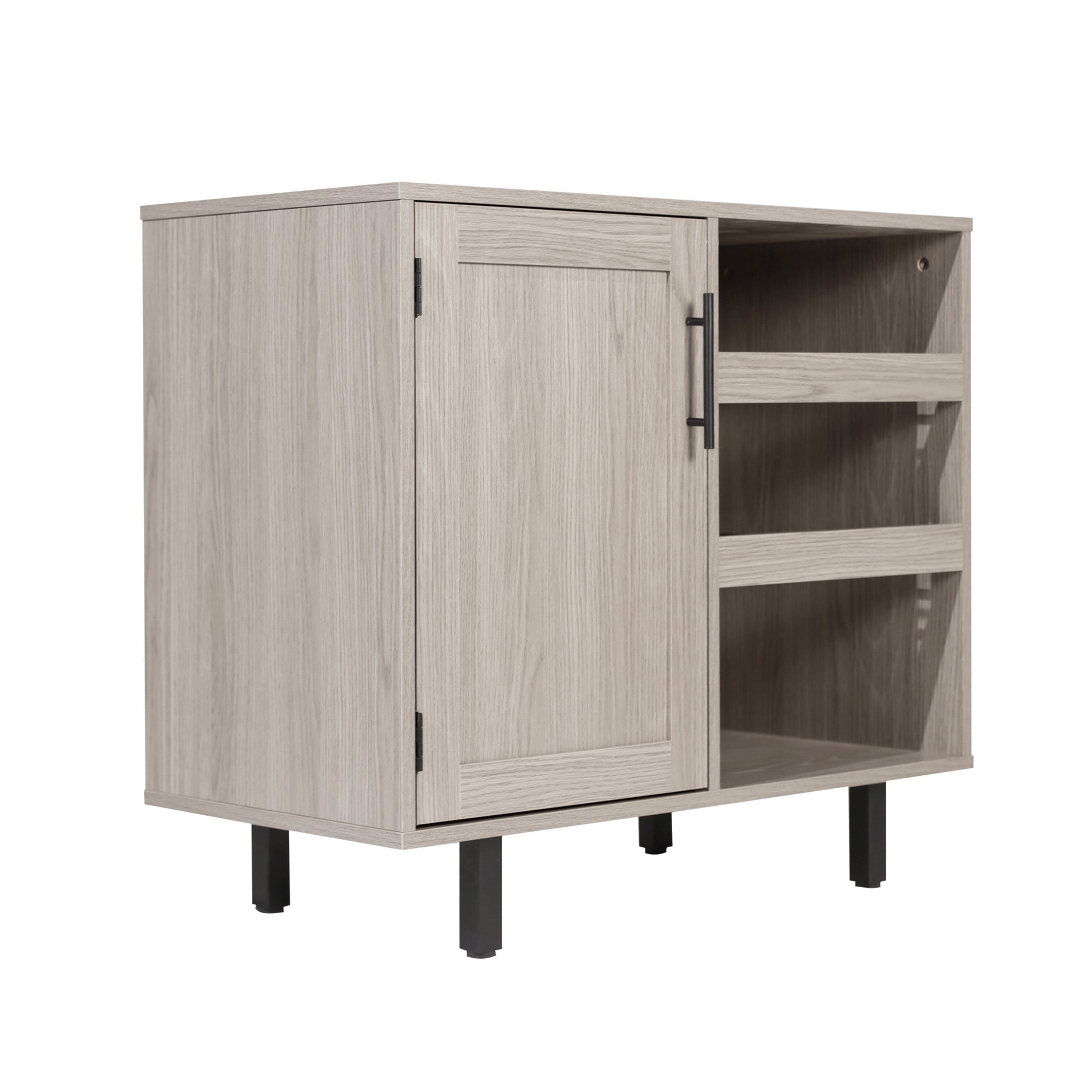 Elmont Classic Bar and Sideboard with Shaker Style Single Door Cabinet with Hanging Glass Storage and Open Bottle Shelves, Gray