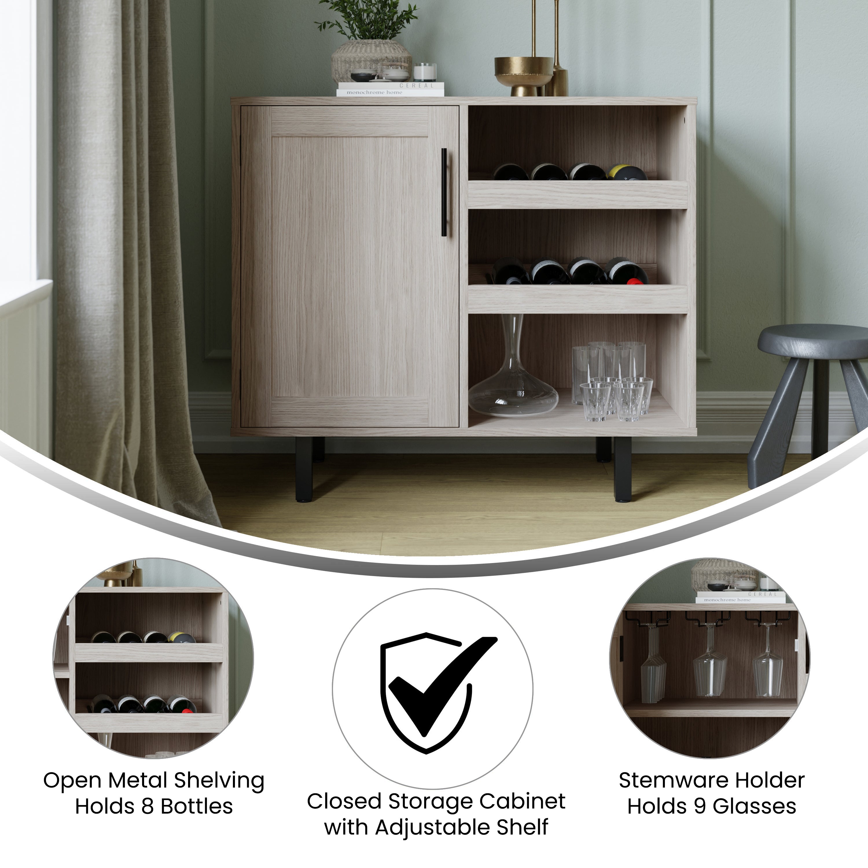 Elmont Classic Bar and Sideboard with Shaker Style Single Door Cabinet with Hanging Glass Storage and Open Bottle Shelves, Gray