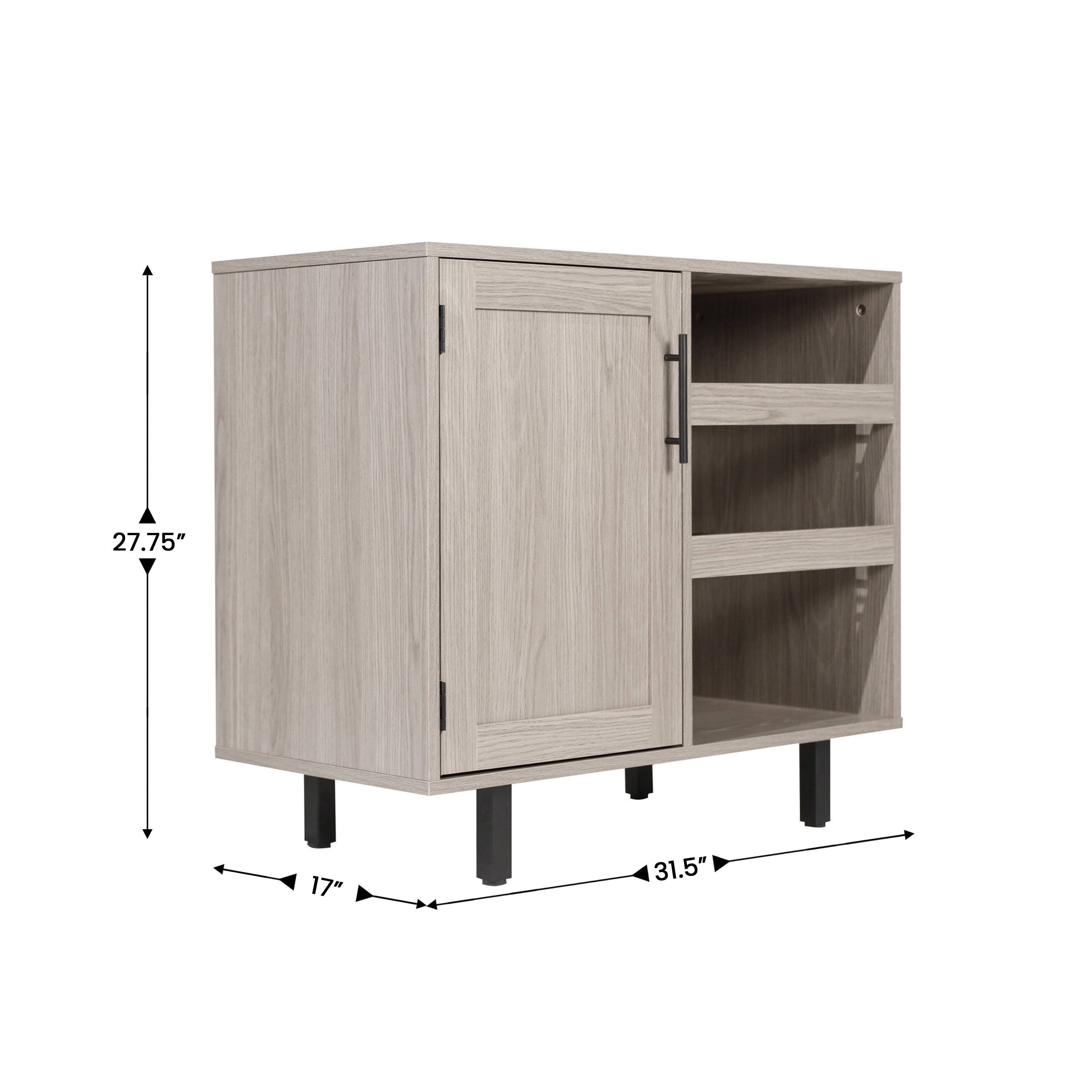 Elmont Classic Bar and Sideboard with Shaker Style Single Door Cabinet with Hanging Glass Storage and Open Bottle Shelves, Gray