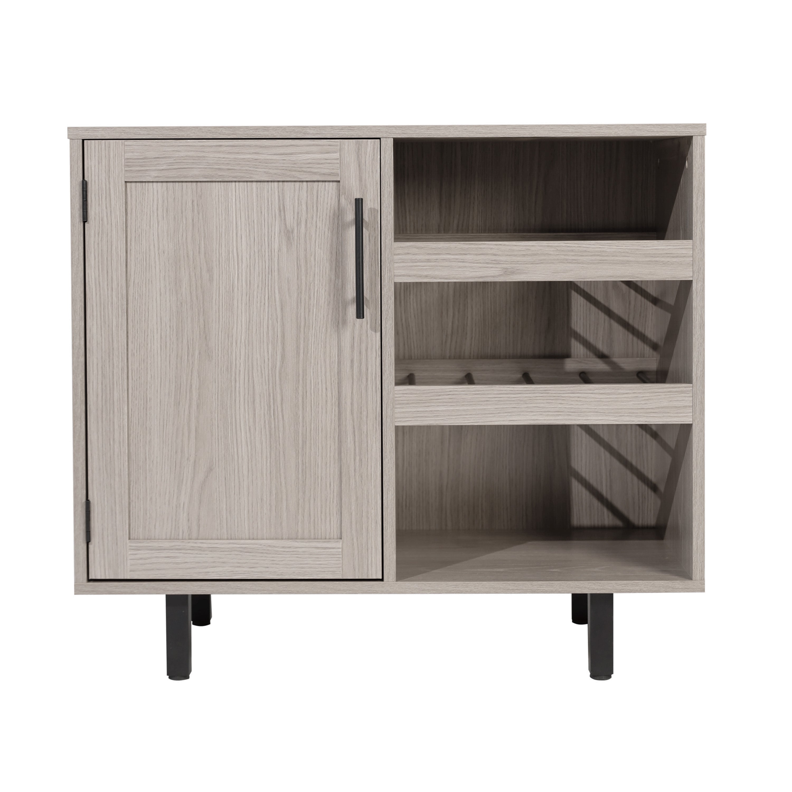 Elmont Classic Bar and Sideboard with Shaker Style Single Door Cabinet with Hanging Glass Storage and Open Bottle Shelves, Gray