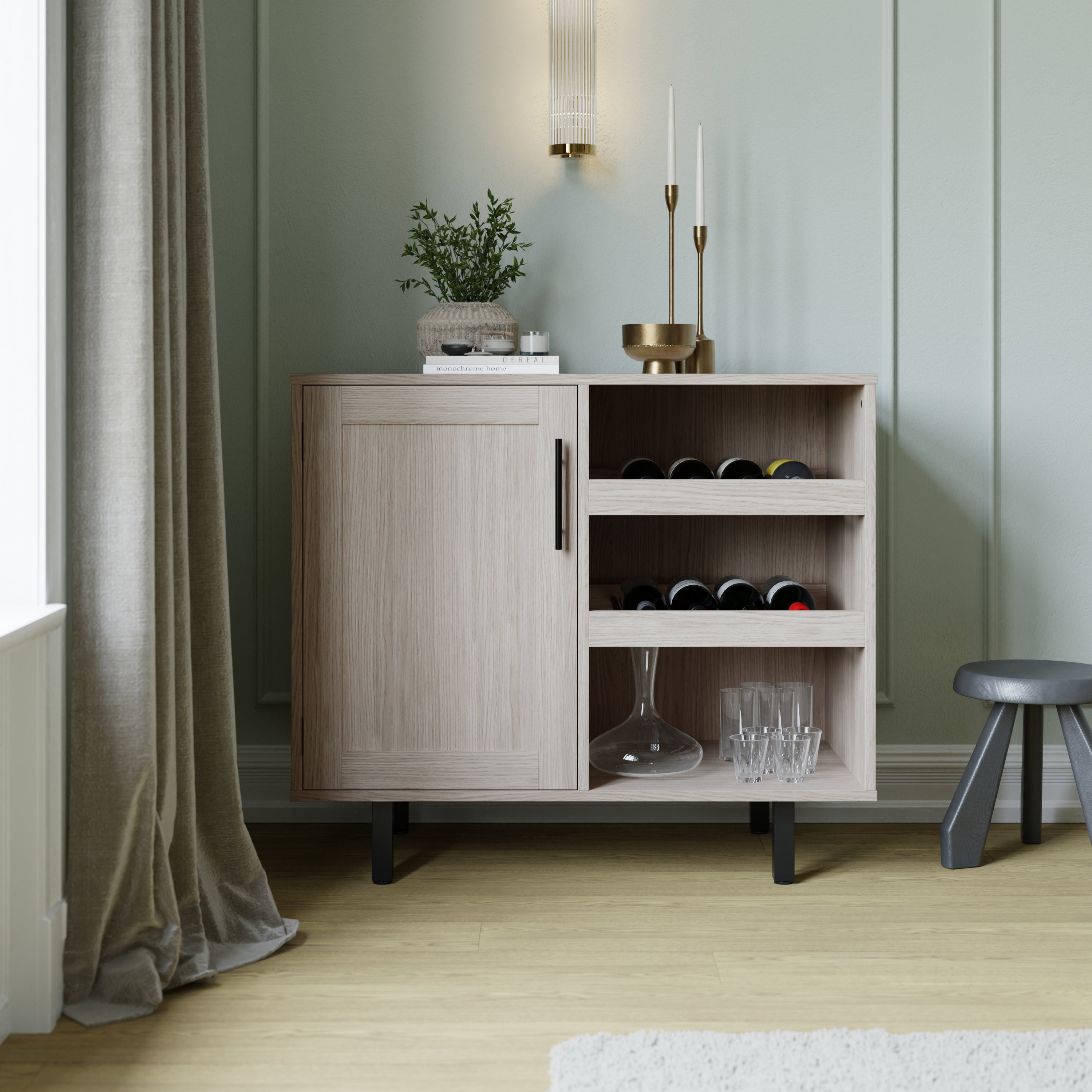 Elmont Classic Bar and Sideboard with Shaker Style Single Door Cabinet with Hanging Glass Storage and Open Bottle Shelves, Gray