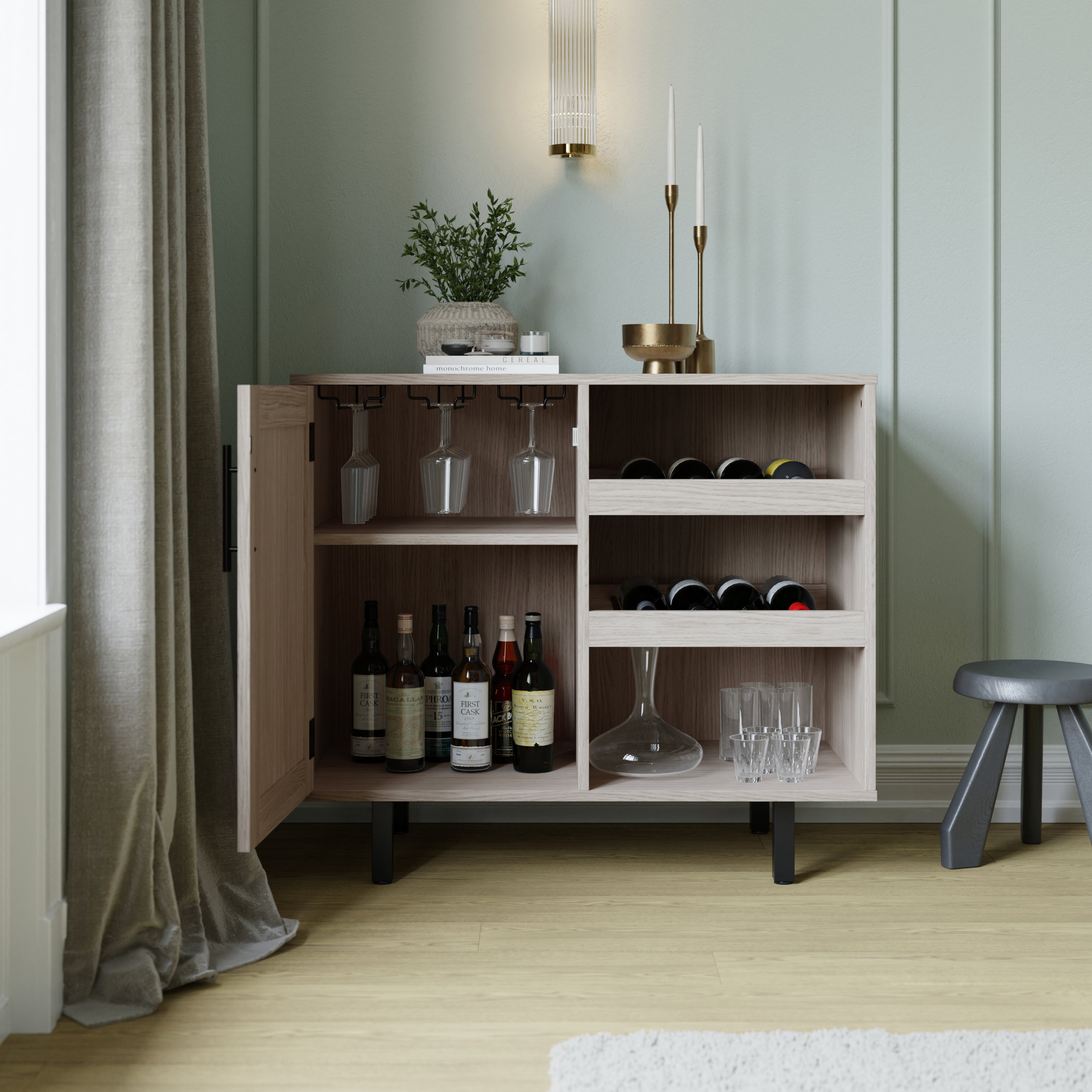 Elmont Classic Bar and Sideboard with Shaker Style Single Door Cabinet with Hanging Glass Storage and Open Bottle Shelves, Gray