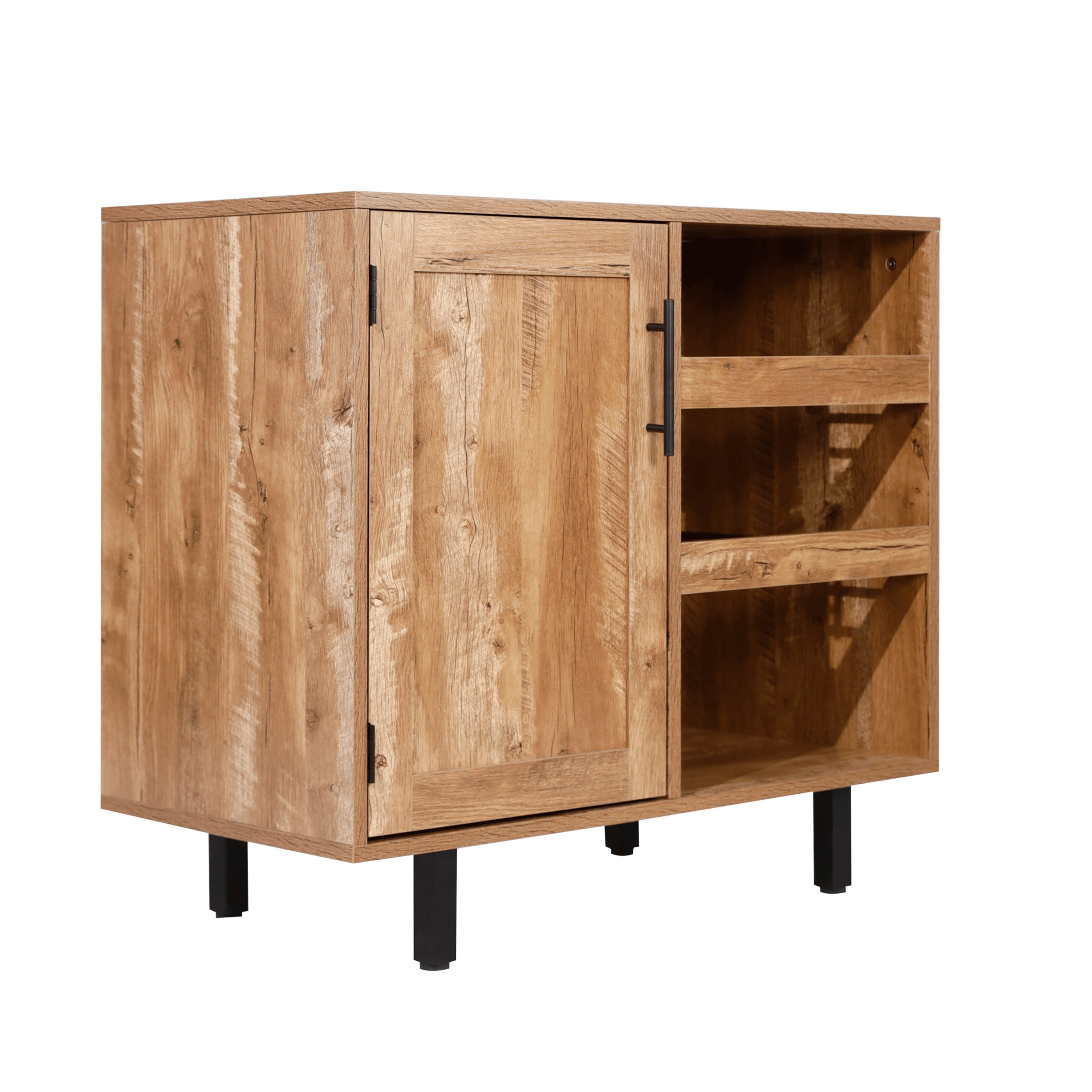Elmont Classic Bar and Sideboard with Shaker Style Single Door Cabinet with Hanging Glass Storage and Open Bottle Shelves, Light Brown
