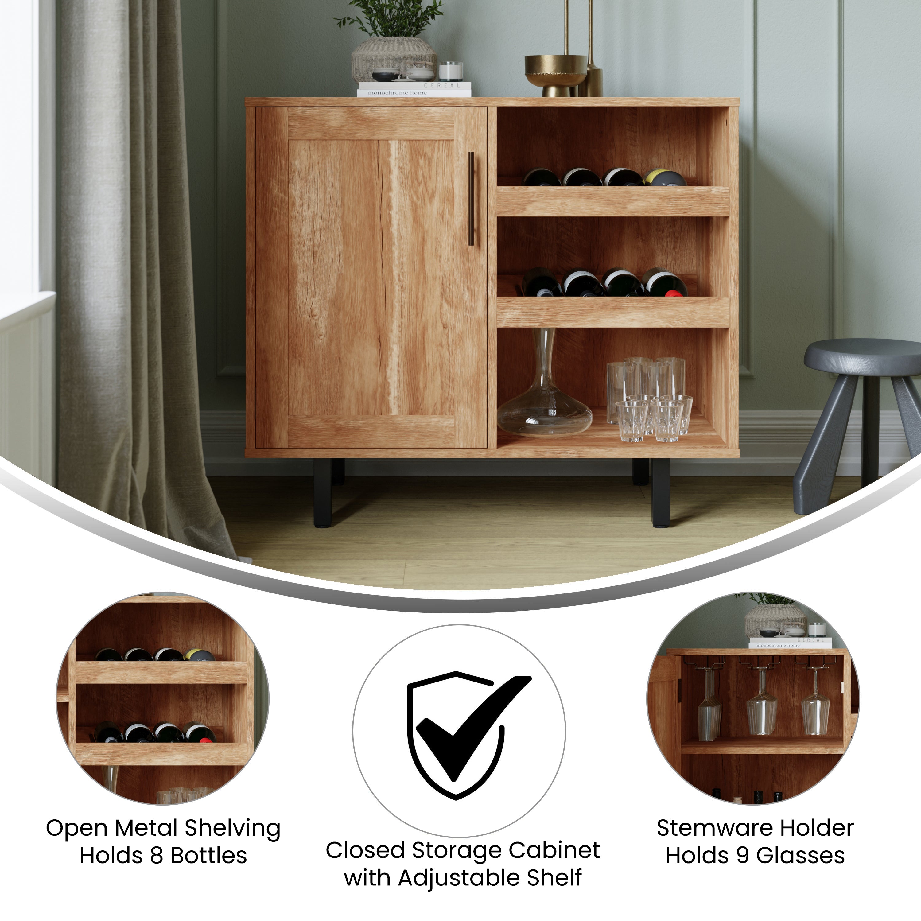 Elmont Classic Bar and Sideboard with Shaker Style Single Door Cabinet with Hanging Glass Storage and Open Bottle Shelves, Light Brown