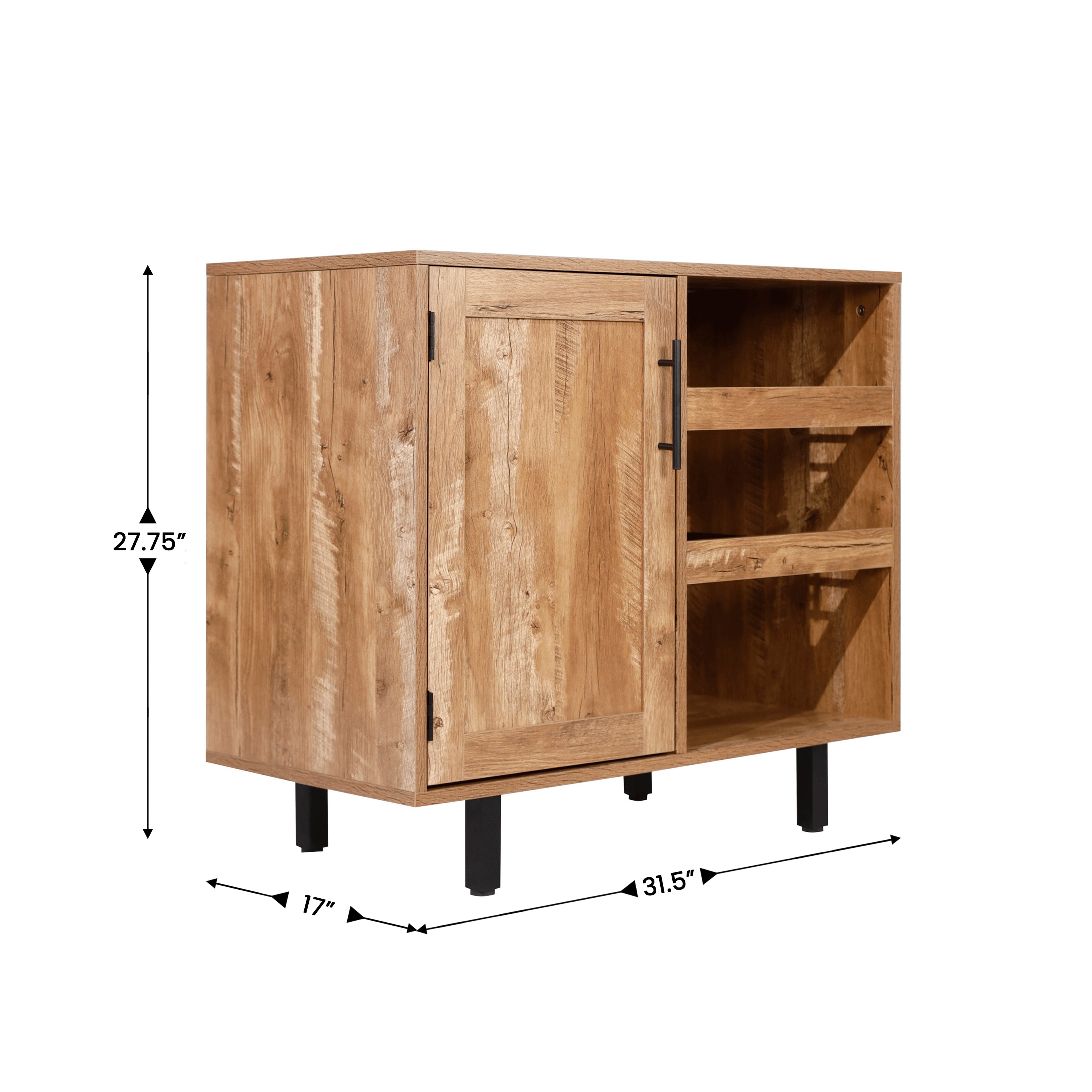 Elmont Classic Bar and Sideboard with Shaker Style Single Door Cabinet with Hanging Glass Storage and Open Bottle Shelves, Light Brown