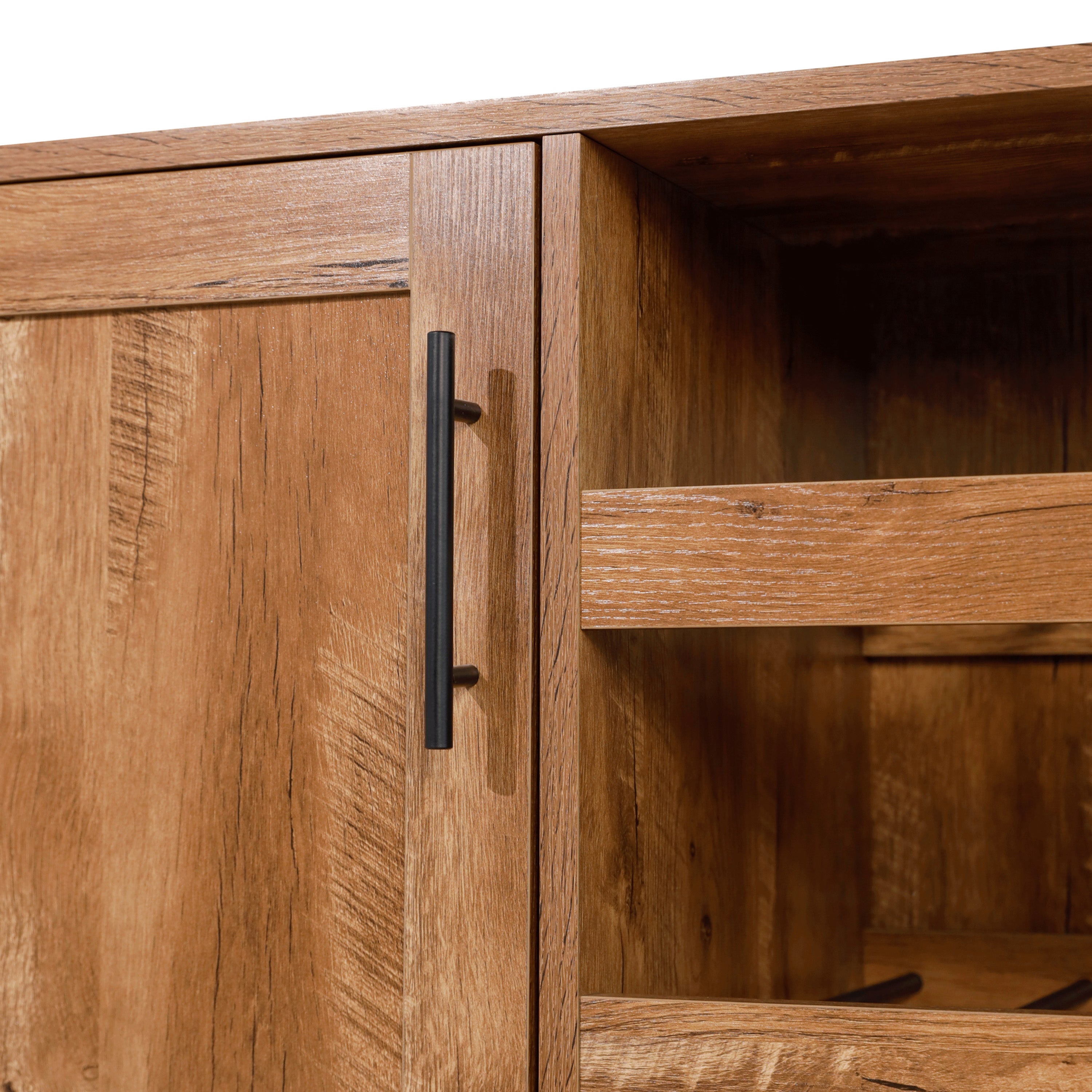 Elmont Classic Bar and Sideboard with Shaker Style Single Door Cabinet with Hanging Glass Storage and Open Bottle Shelves, Light Brown
