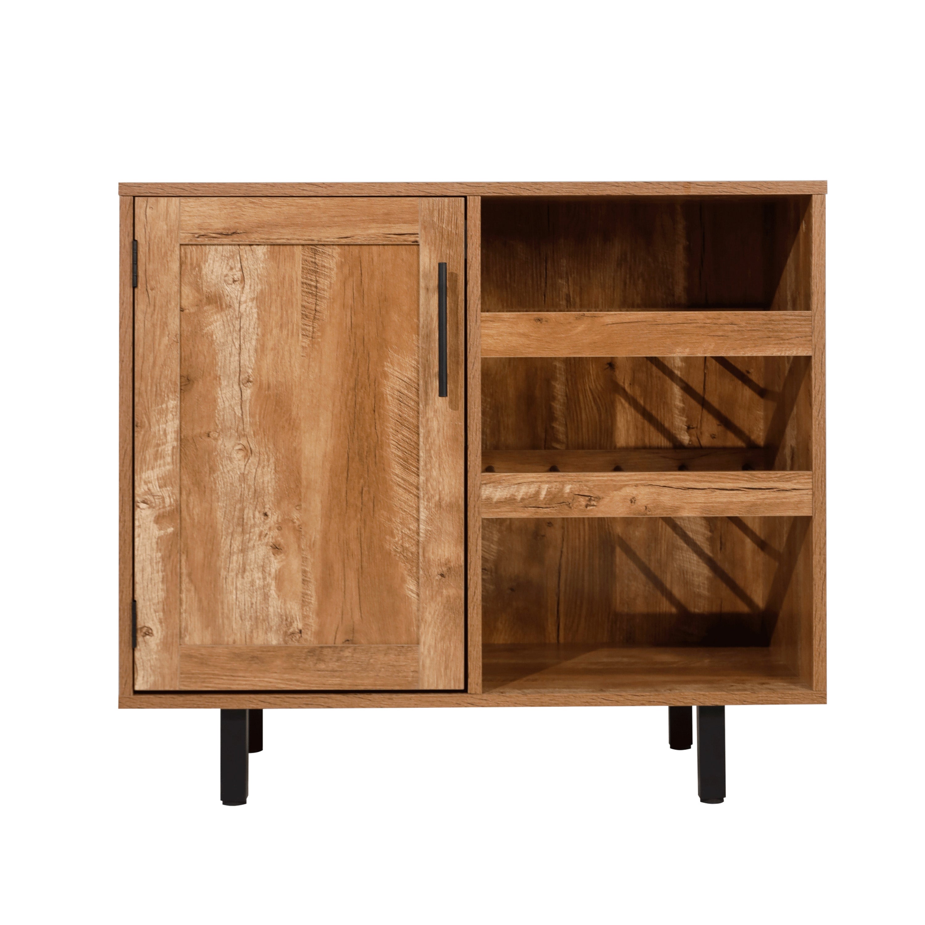 Elmont Classic Bar and Sideboard with Shaker Style Single Door Cabinet with Hanging Glass Storage and Open Bottle Shelves, Light Brown