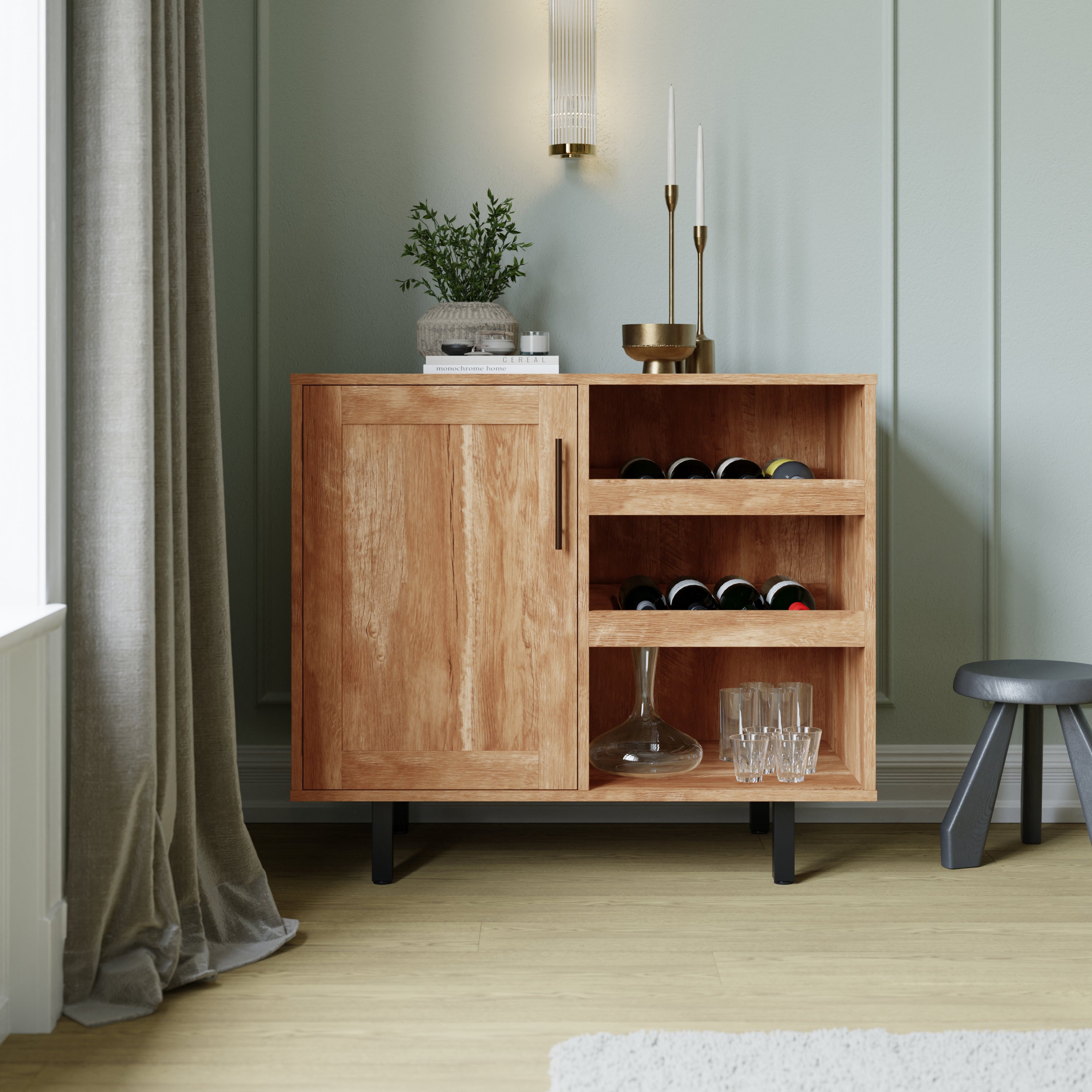 Elmont Classic Bar and Sideboard with Shaker Style Single Door Cabinet with Hanging Glass Storage and Open Bottle Shelves, Light Brown
