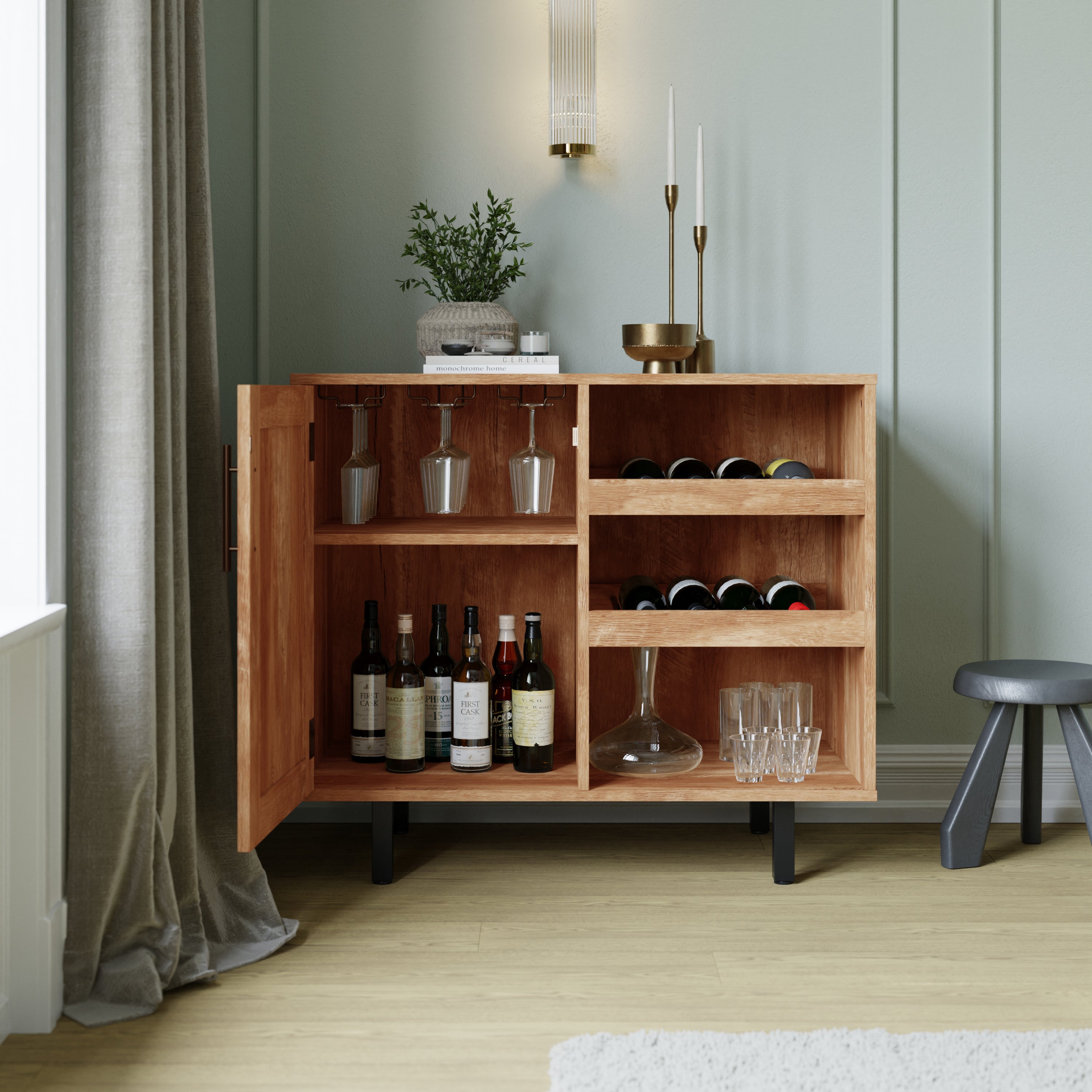 Elmont Classic Bar and Sideboard with Shaker Style Single Door Cabinet with Hanging Glass Storage and Open Bottle Shelves, Light Brown
