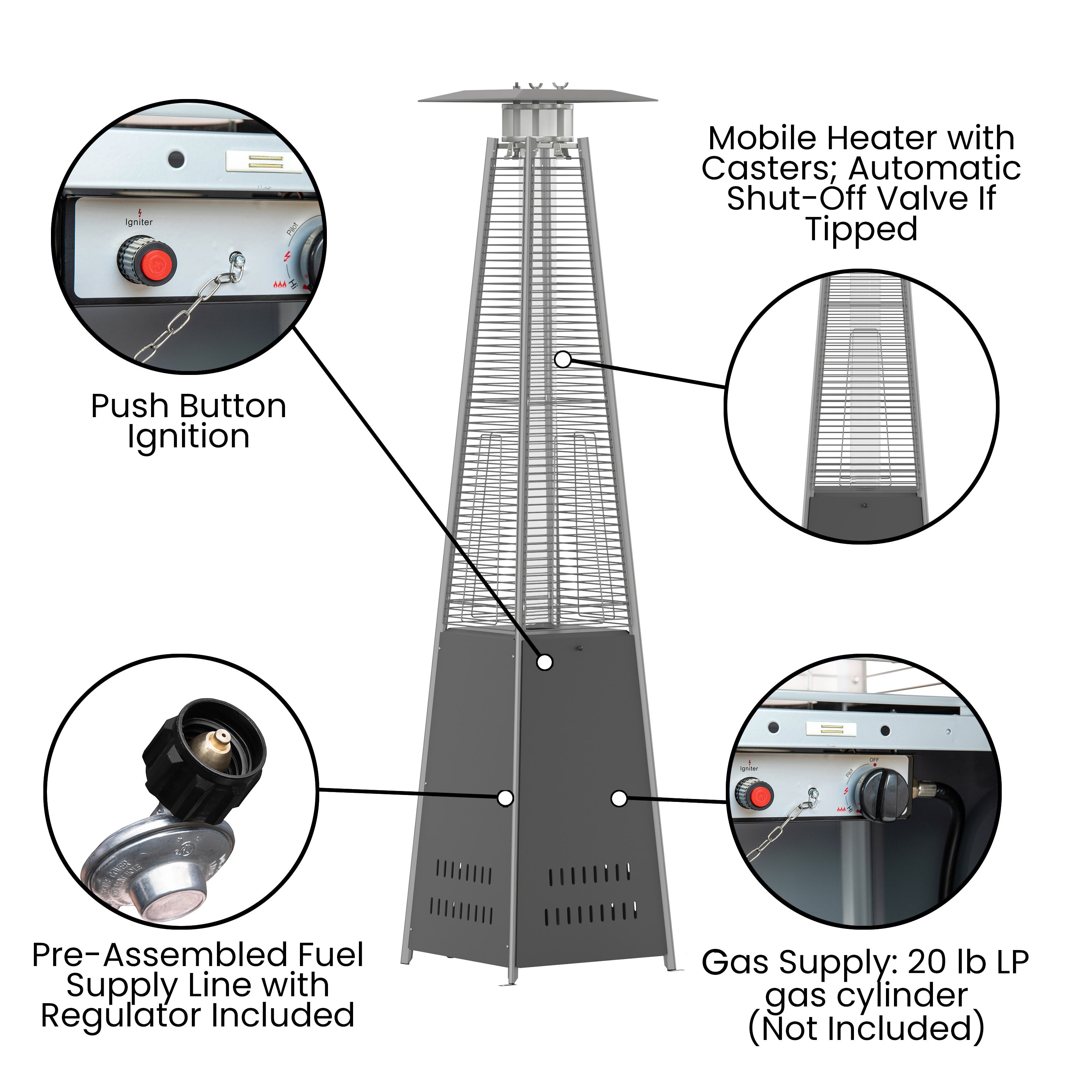 Sol Patio Outdoor Heating-Slate Gray Stainless Steel Pyramid 42,000 BTU Propane Heater with Wheels for Commercial & Residential Use