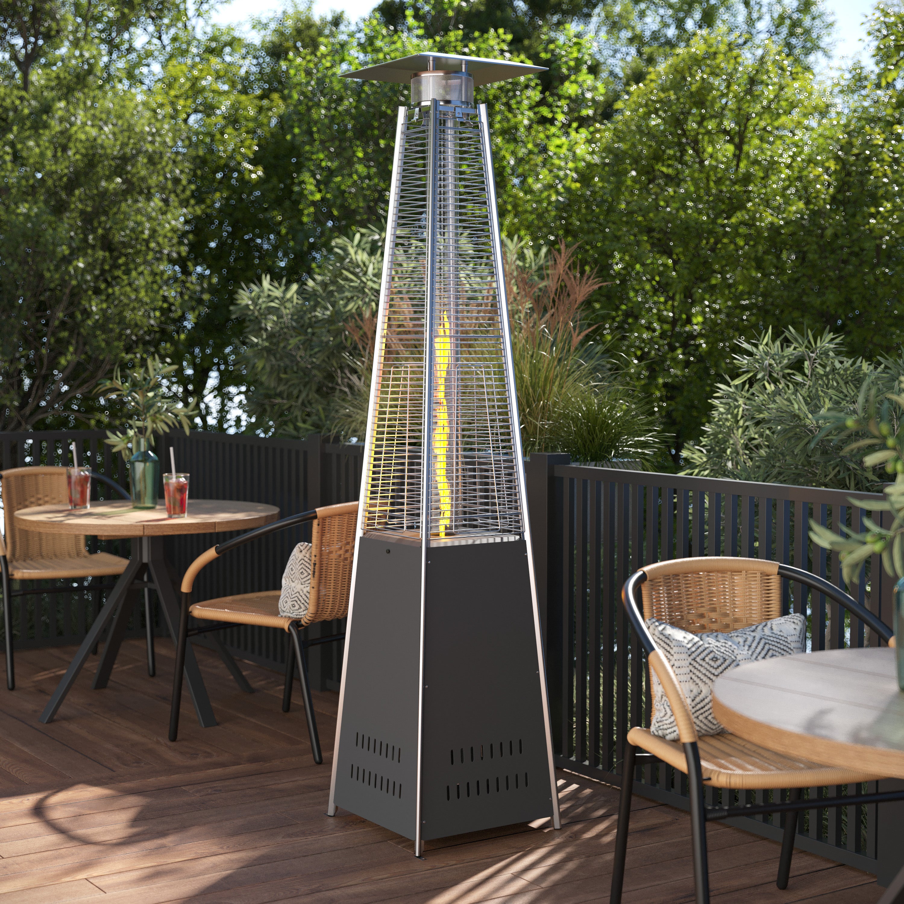 Sol Patio Outdoor Heating-Slate Gray Stainless Steel Pyramid 42,000 BTU Propane Heater with Wheels for Commercial & Residential Use