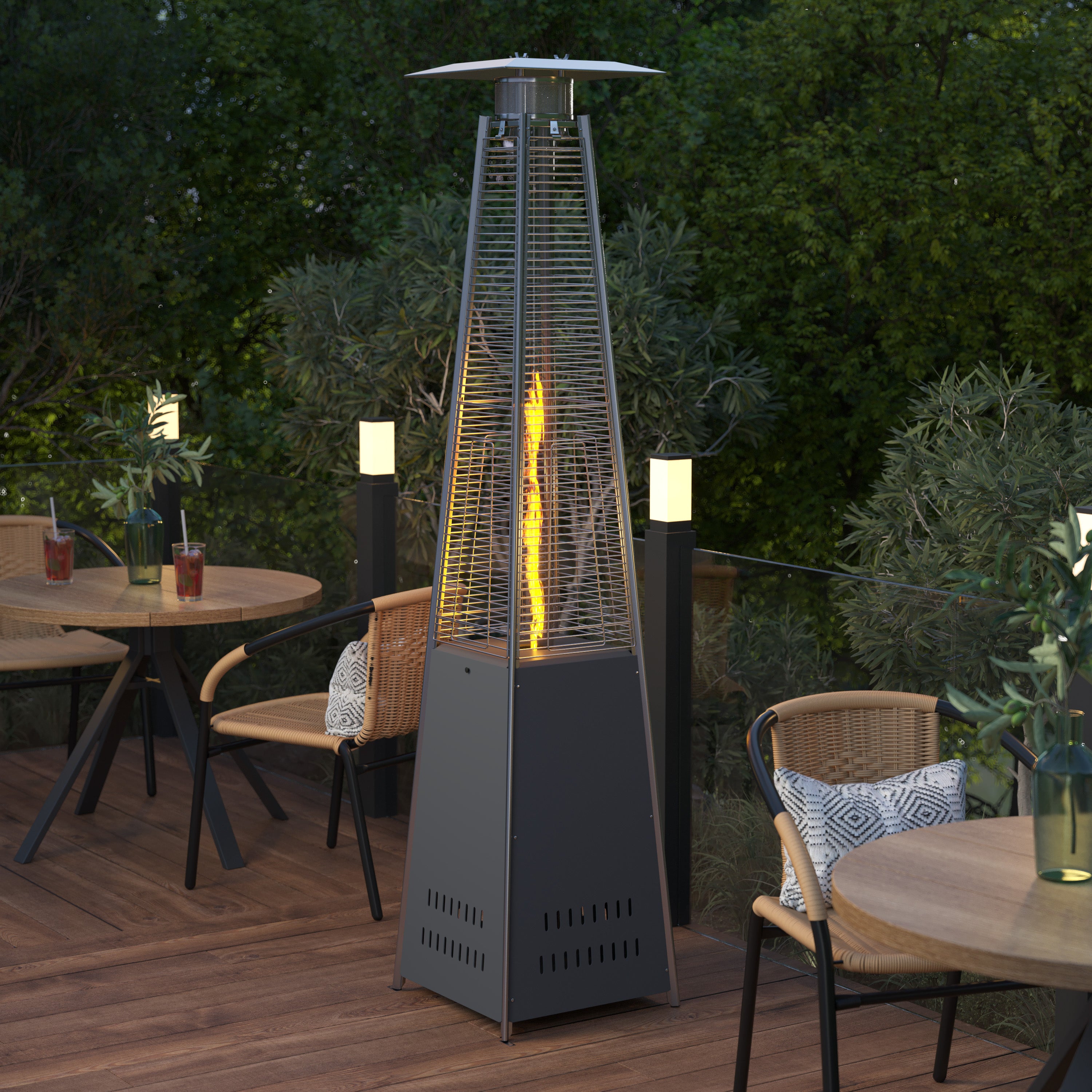 Sol Patio Outdoor Heating-Slate Gray Stainless Steel Pyramid 42,000 BTU Propane Heater with Wheels for Commercial & Residential Use