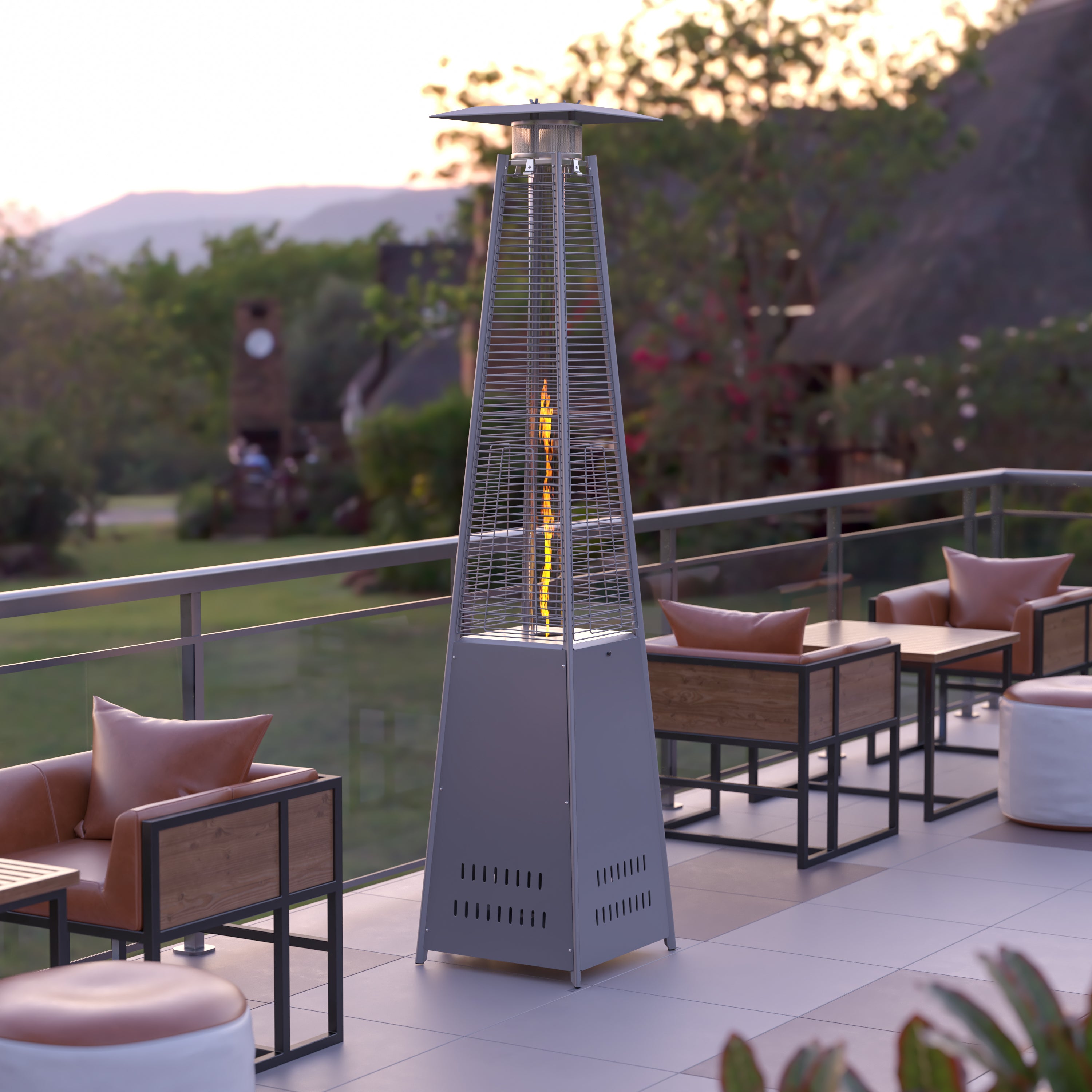 Sol Patio Outdoor Heating-Silver Stainless Steel Pyramid 42,000 BTU Propane Heater with Wheels for Commercial & Residential Use