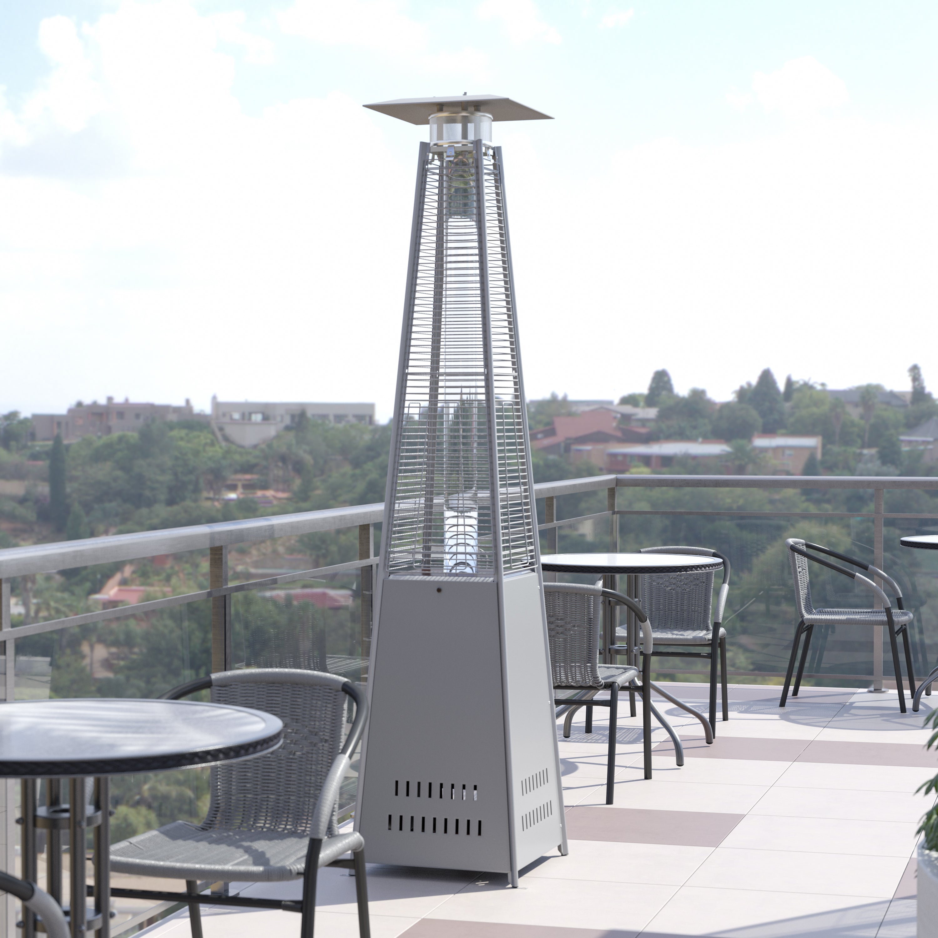 Sol Patio Outdoor Heating-Silver Stainless Steel Pyramid 42,000 BTU Propane Heater with Wheels for Commercial & Residential Use