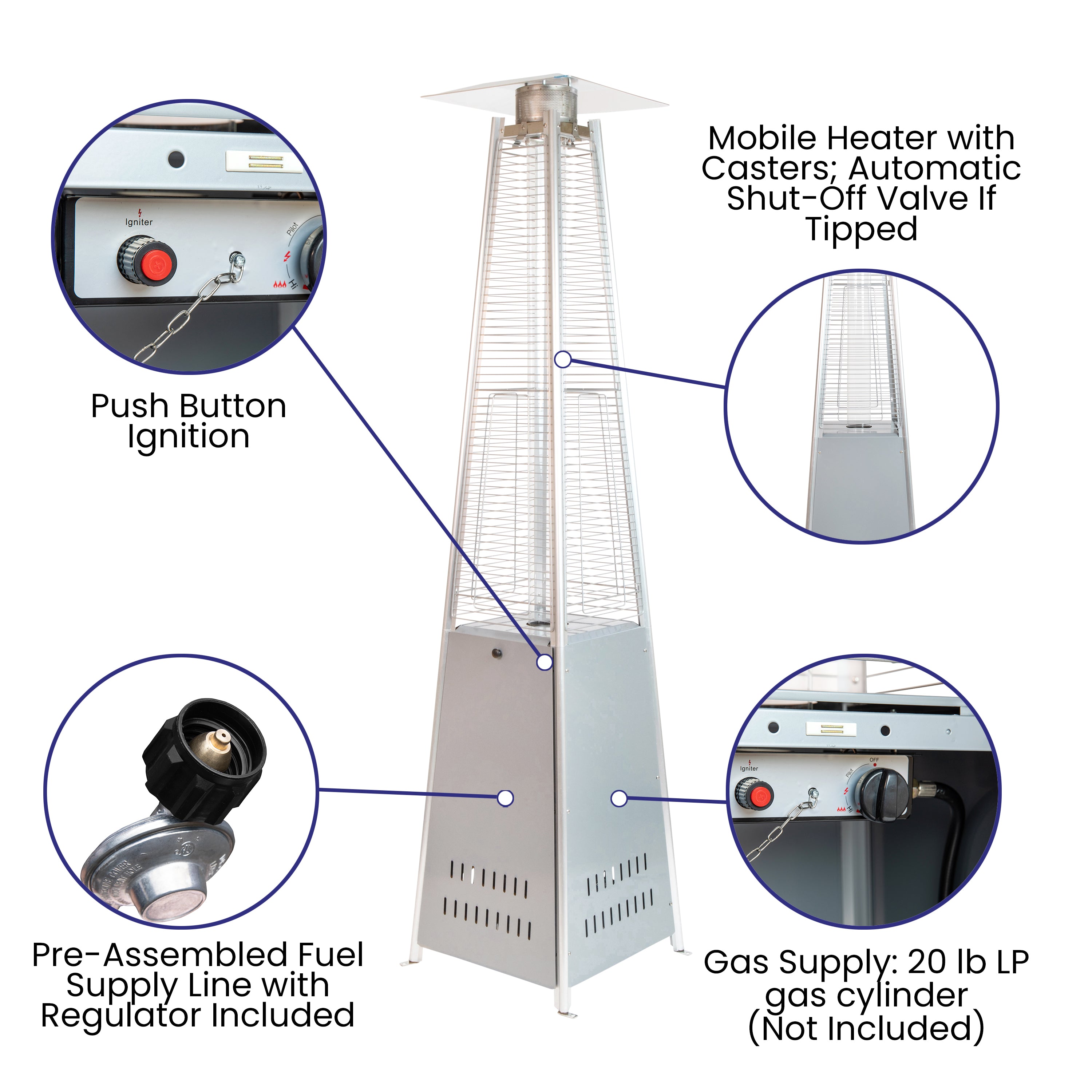 Sol Patio Outdoor Heating-Silver Stainless Steel Pyramid 42,000 BTU Propane Heater with Wheels for Commercial & Residential Use
