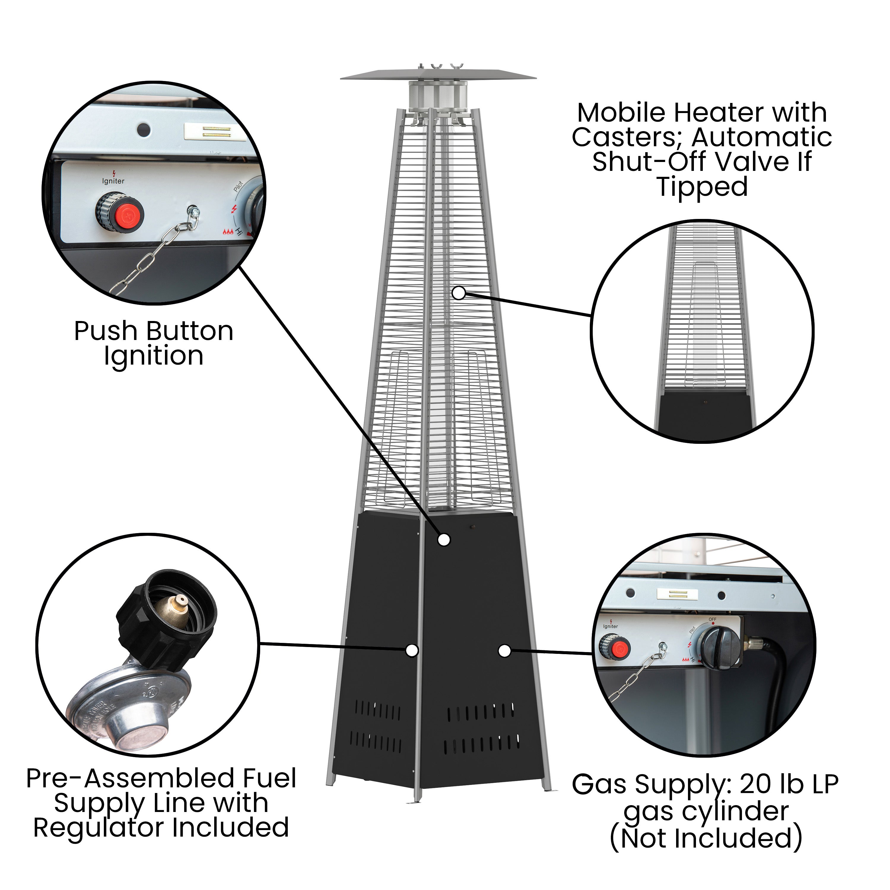 Sol Patio Outdoor Heating-Black Stainless Steel Pyramid 42,000 BTU Propane Heater with Wheels for Commercial & Residential Use