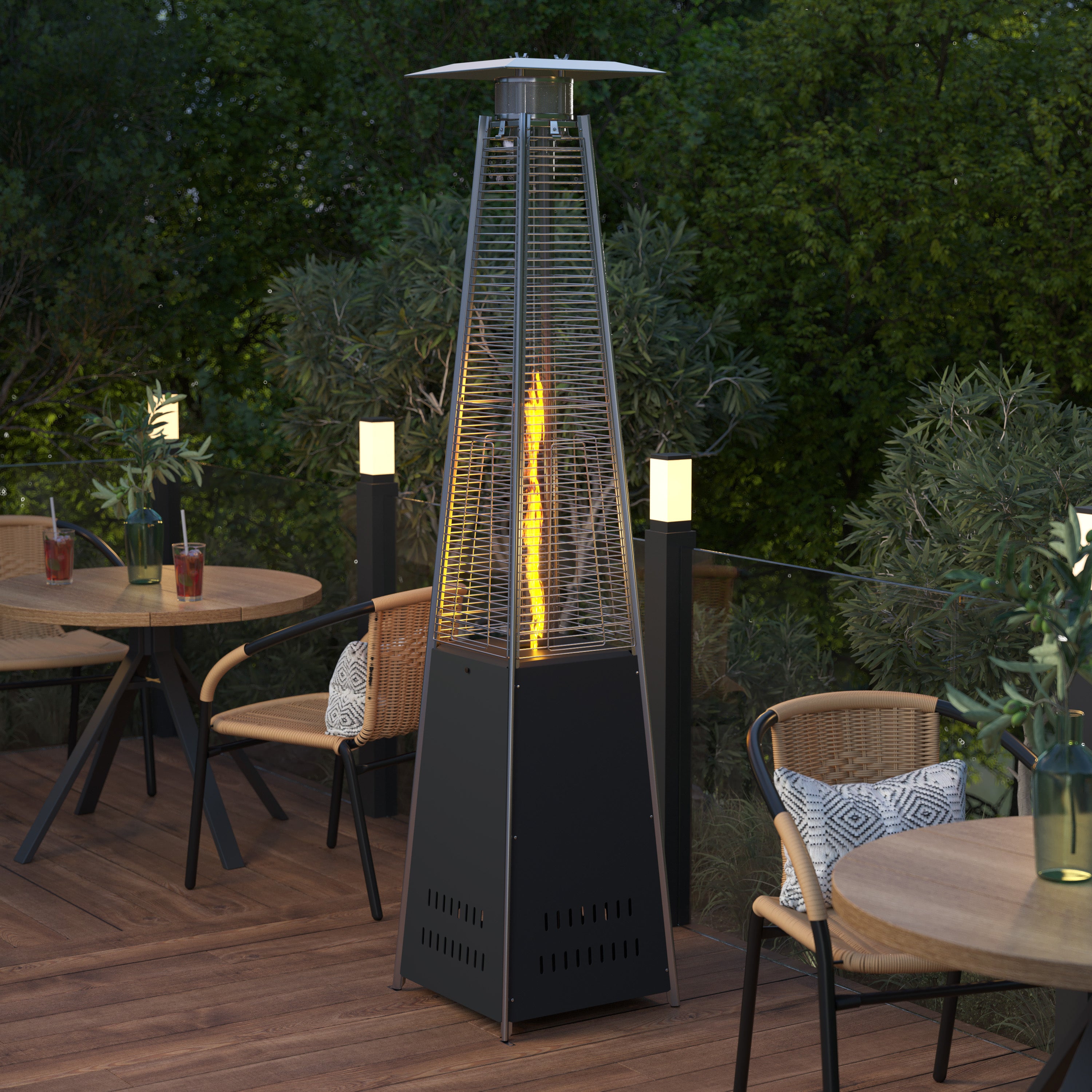 Sol Patio Outdoor Heating-Black Stainless Steel Pyramid 42,000 BTU Propane Heater with Wheels for Commercial & Residential Use