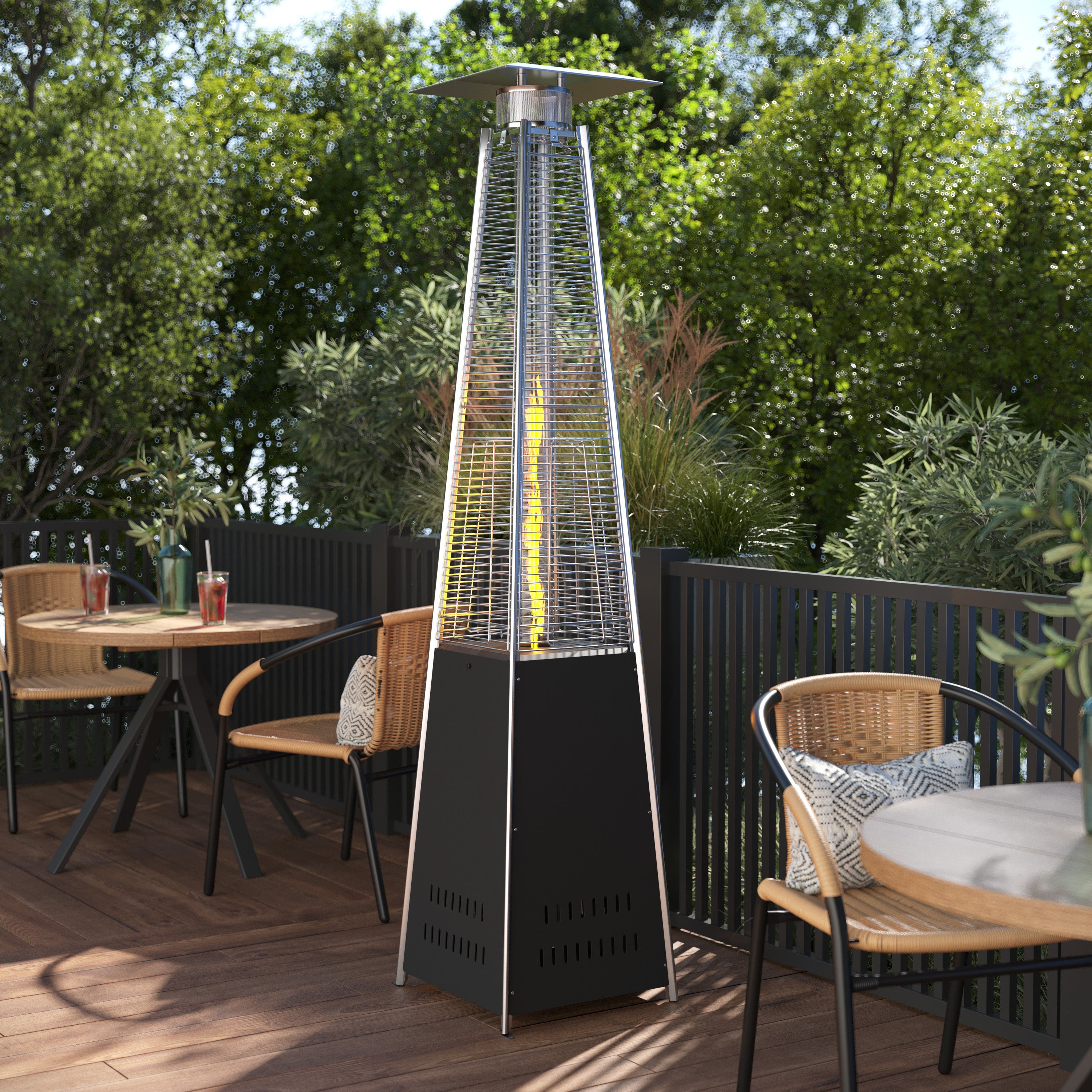 Sol Patio Outdoor Heating-Black Stainless Steel Pyramid 42,000 BTU Propane Heater with Wheels for Commercial & Residential Use