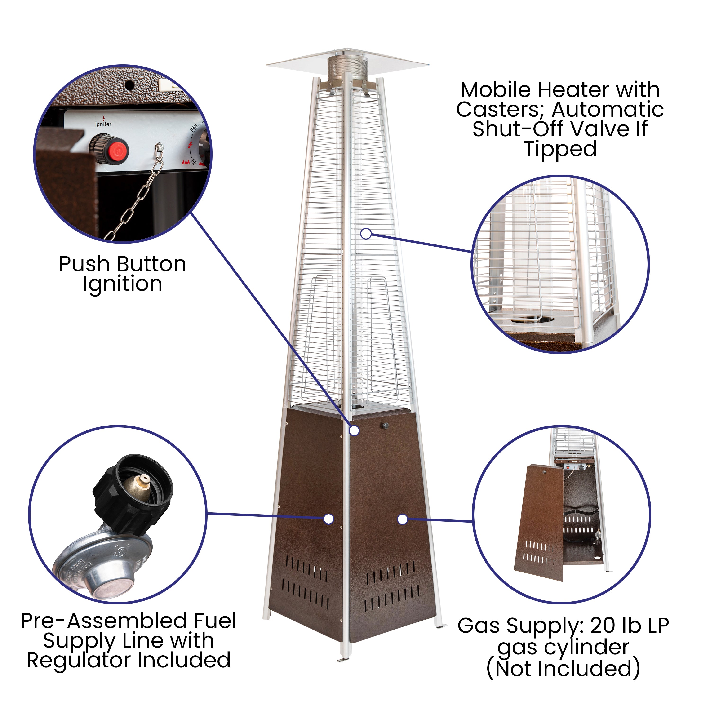 Sol Patio Outdoor Heating-Bronze Stainless Steel Pyramid 42,000 BTU Propane Heater with Wheels for Commercial & Residential Use