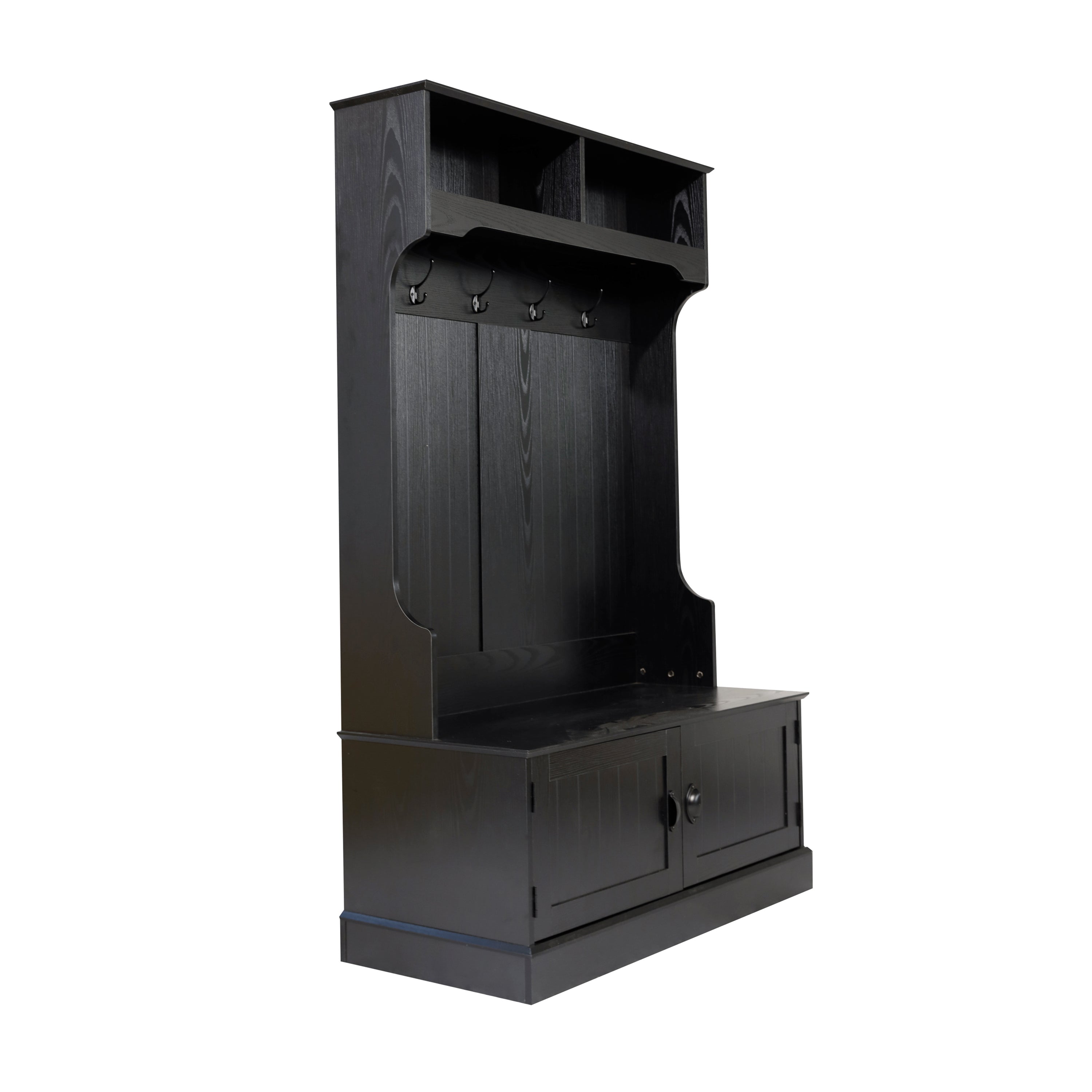 Fraser 40" Wide Hall Tree with Double Door Storage Bench, Coat Rack with 4 Black Double Hooks, and 2 Upper Storage Cubbies in Black