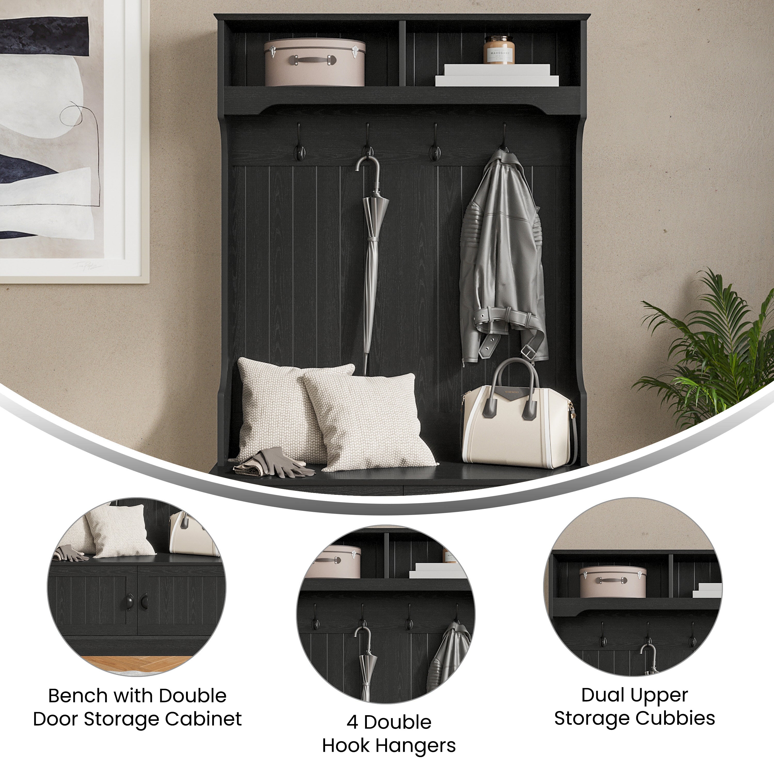 Fraser 40" Wide Hall Tree with Double Door Storage Bench, Coat Rack with 4 Black Double Hooks, and 2 Upper Storage Cubbies in Black