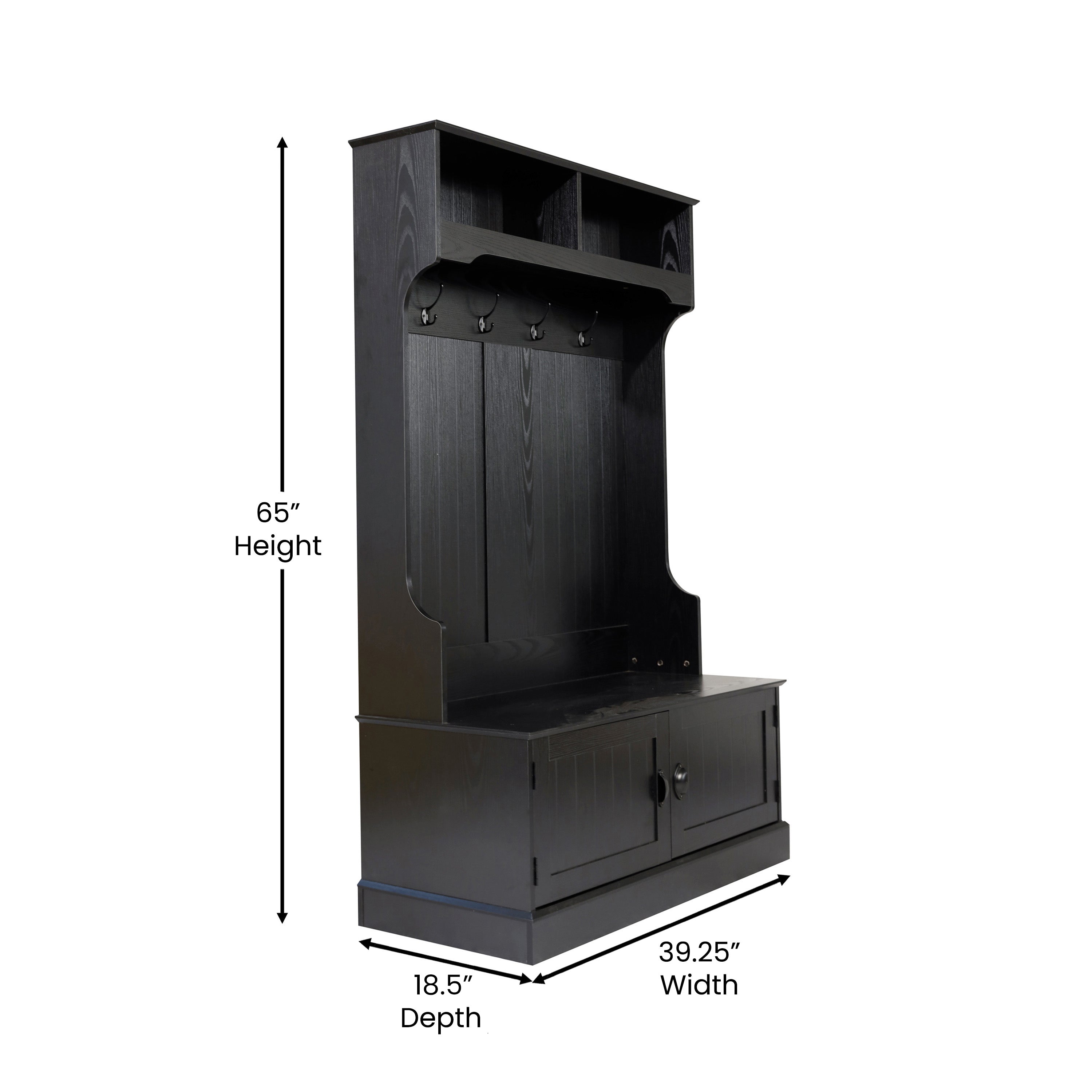 Fraser 40" Wide Hall Tree with Double Door Storage Bench, Coat Rack with 4 Black Double Hooks, and 2 Upper Storage Cubbies in Black