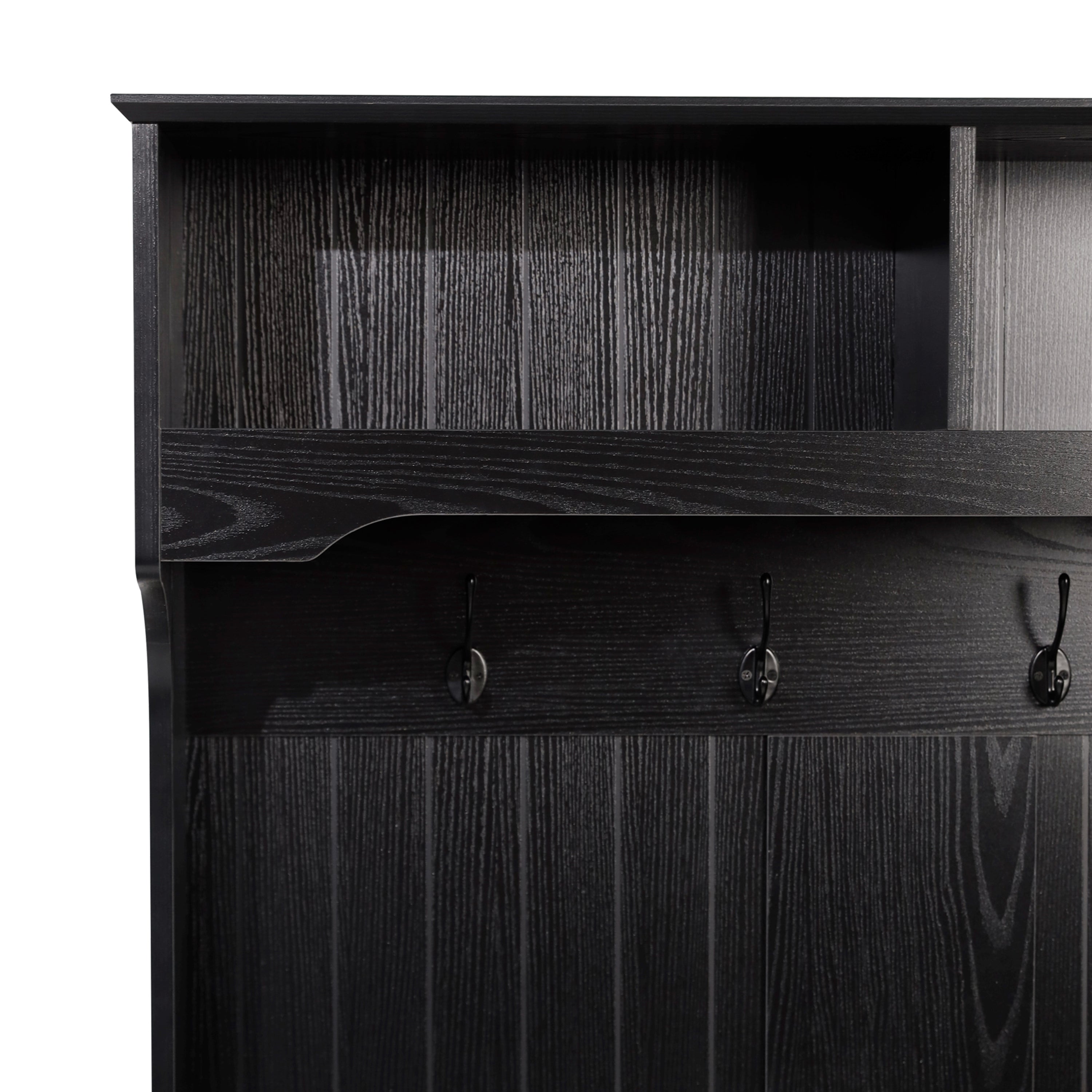Fraser 40" Wide Hall Tree with Double Door Storage Bench, Coat Rack with 4 Black Double Hooks, and 2 Upper Storage Cubbies in Black