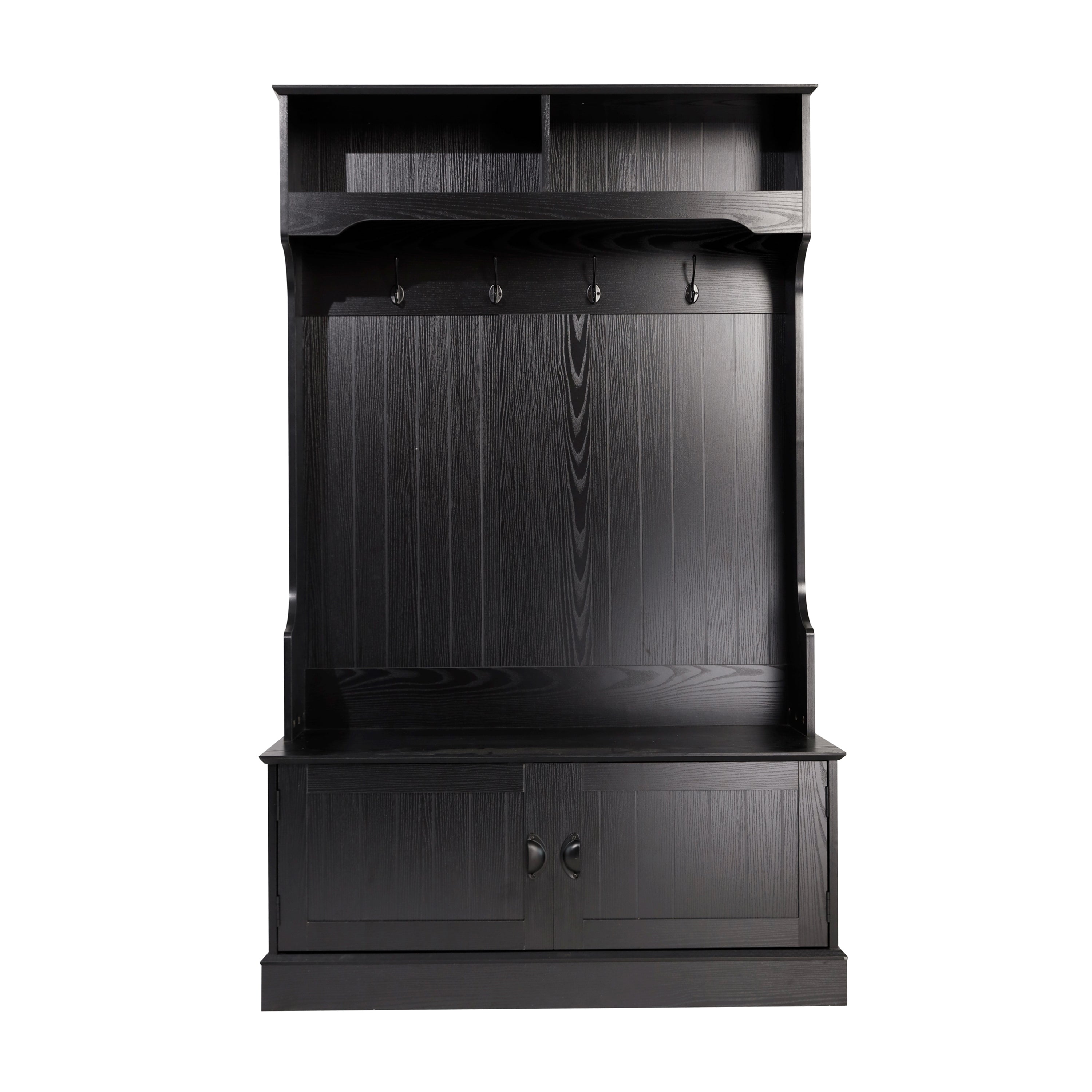 Fraser 40" Wide Hall Tree with Double Door Storage Bench, Coat Rack with 4 Black Double Hooks, and 2 Upper Storage Cubbies in Black