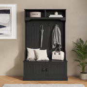 Fraser 40" Wide Hall Tree with Double Door Storage Bench, Coat Rack with 4 Black Double Hooks, and 2 Upper Storage Cubbies in Black