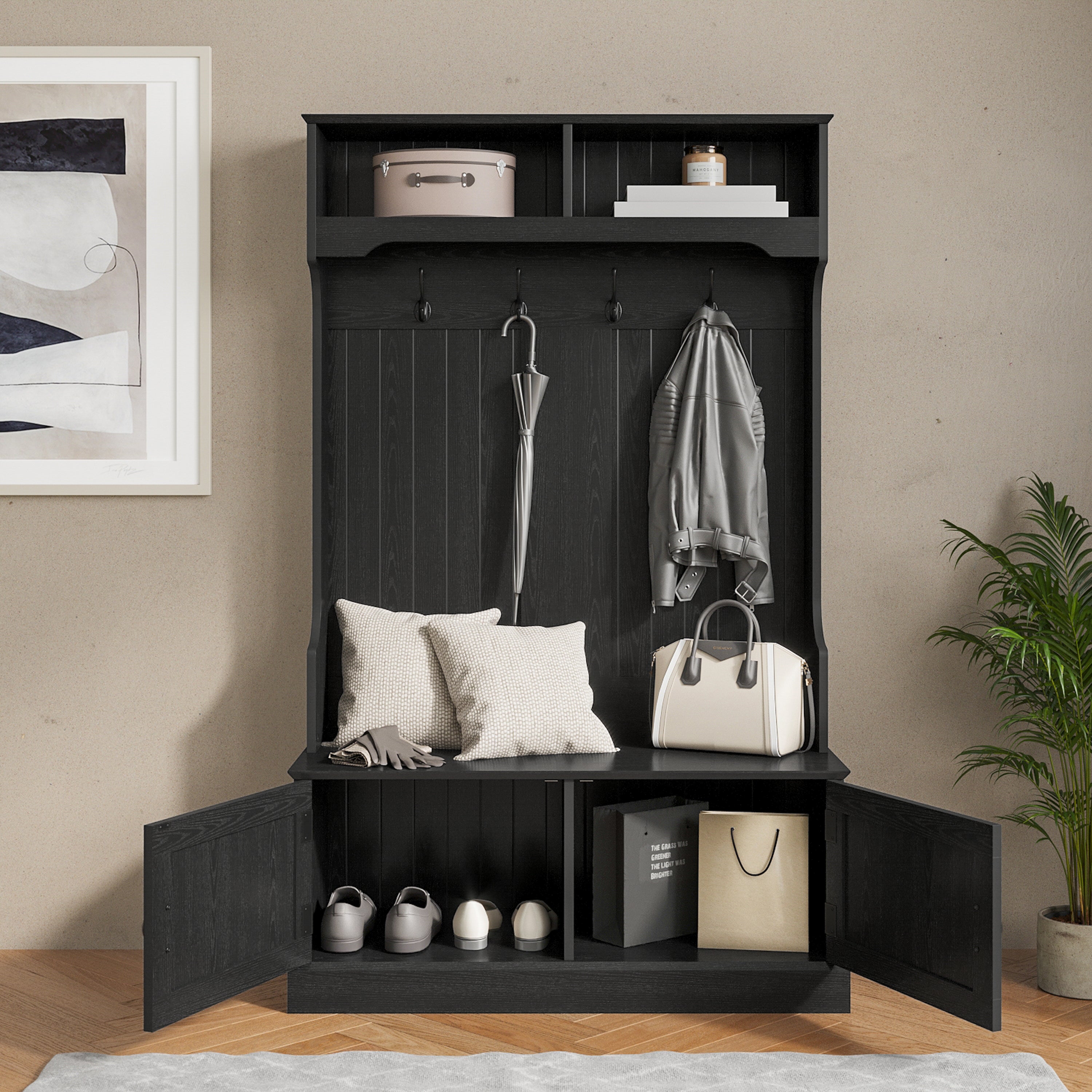 Fraser 40" Wide Hall Tree with Double Door Storage Bench, Coat Rack with 4 Black Double Hooks, and 2 Upper Storage Cubbies in Black