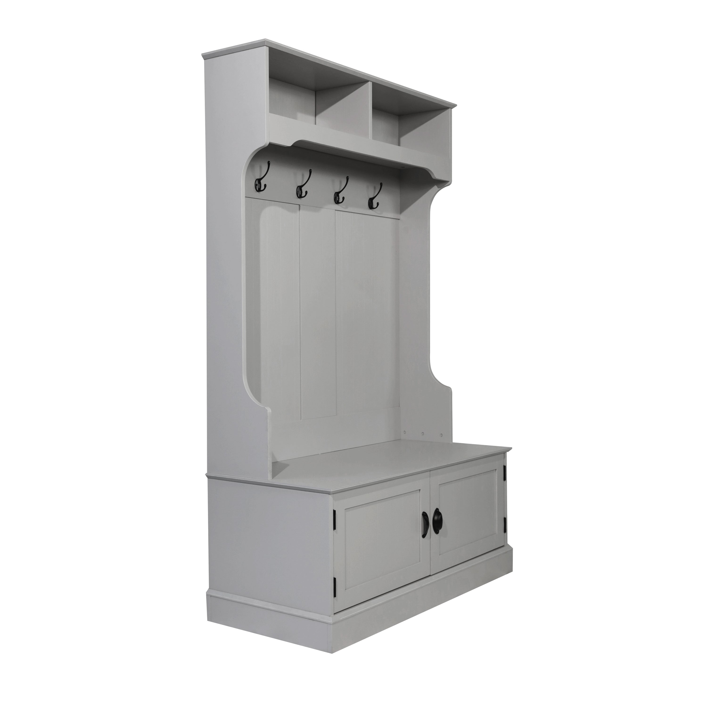 Fraser 40" Wide Hall Tree with Double Door Storage Bench, Coat Rack with 4 Black Double Hooks, and 2 Upper Storage Cubbies in Gray