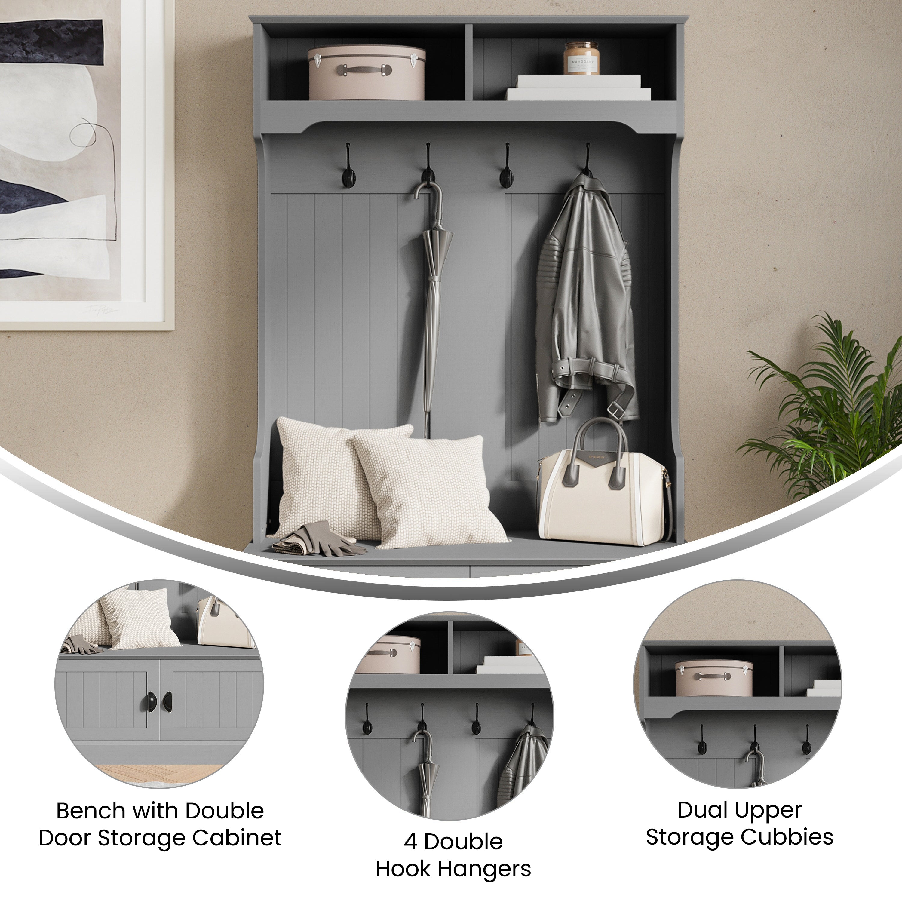 Fraser 40" Wide Hall Tree with Double Door Storage Bench, Coat Rack with 4 Black Double Hooks, and 2 Upper Storage Cubbies in Gray