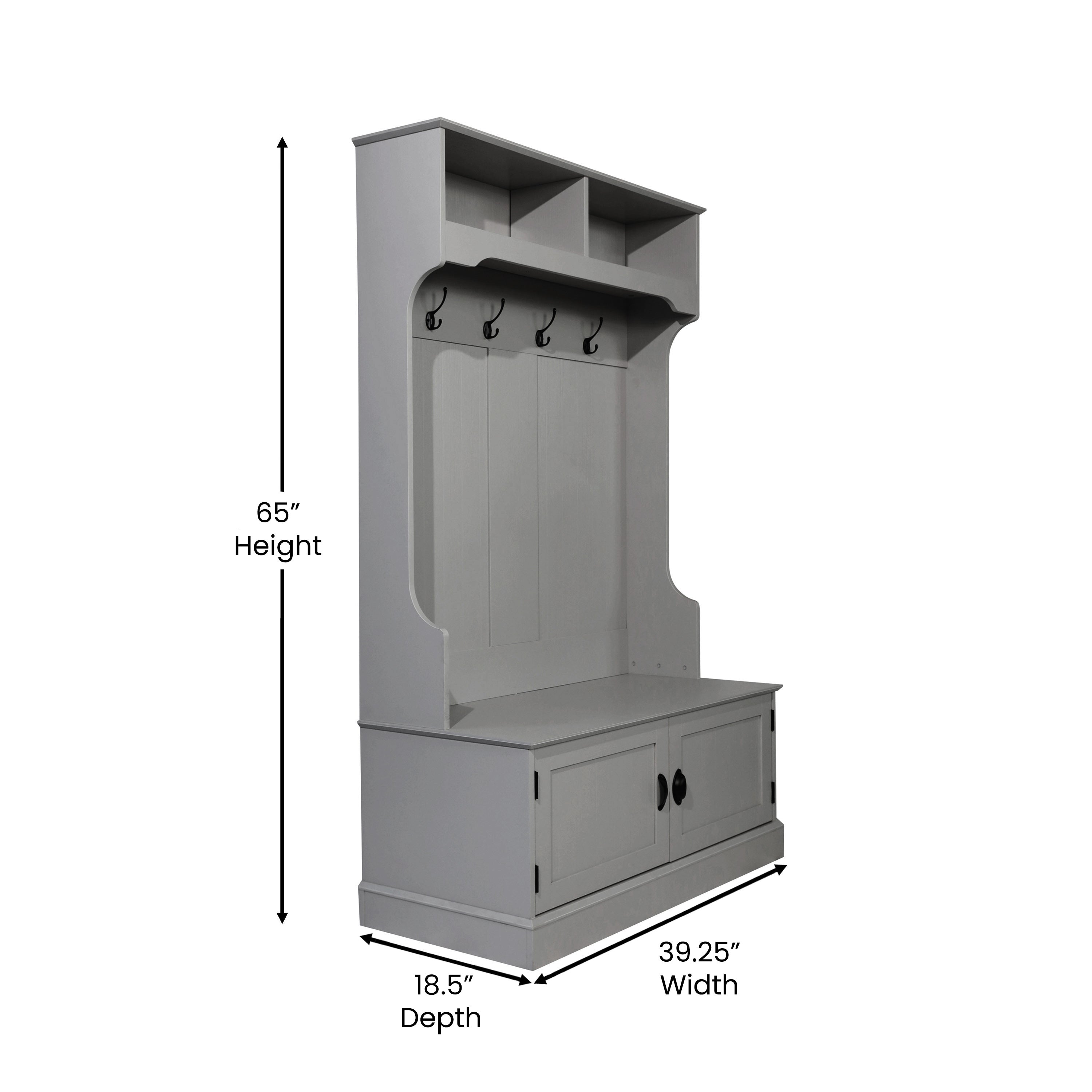 Fraser 40" Wide Hall Tree with Double Door Storage Bench, Coat Rack with 4 Black Double Hooks, and 2 Upper Storage Cubbies in Gray