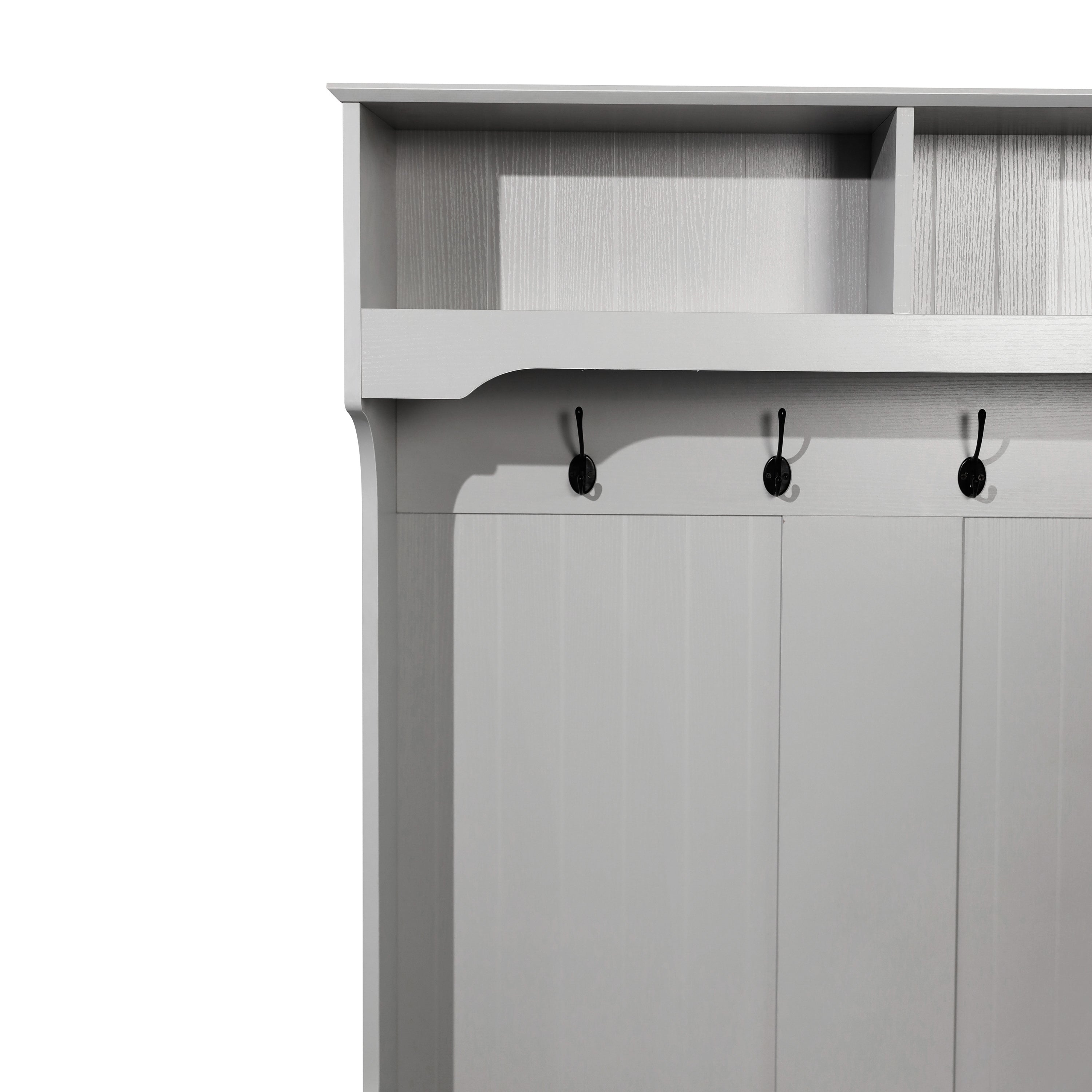 Fraser 40" Wide Hall Tree with Double Door Storage Bench, Coat Rack with 4 Black Double Hooks, and 2 Upper Storage Cubbies in Gray