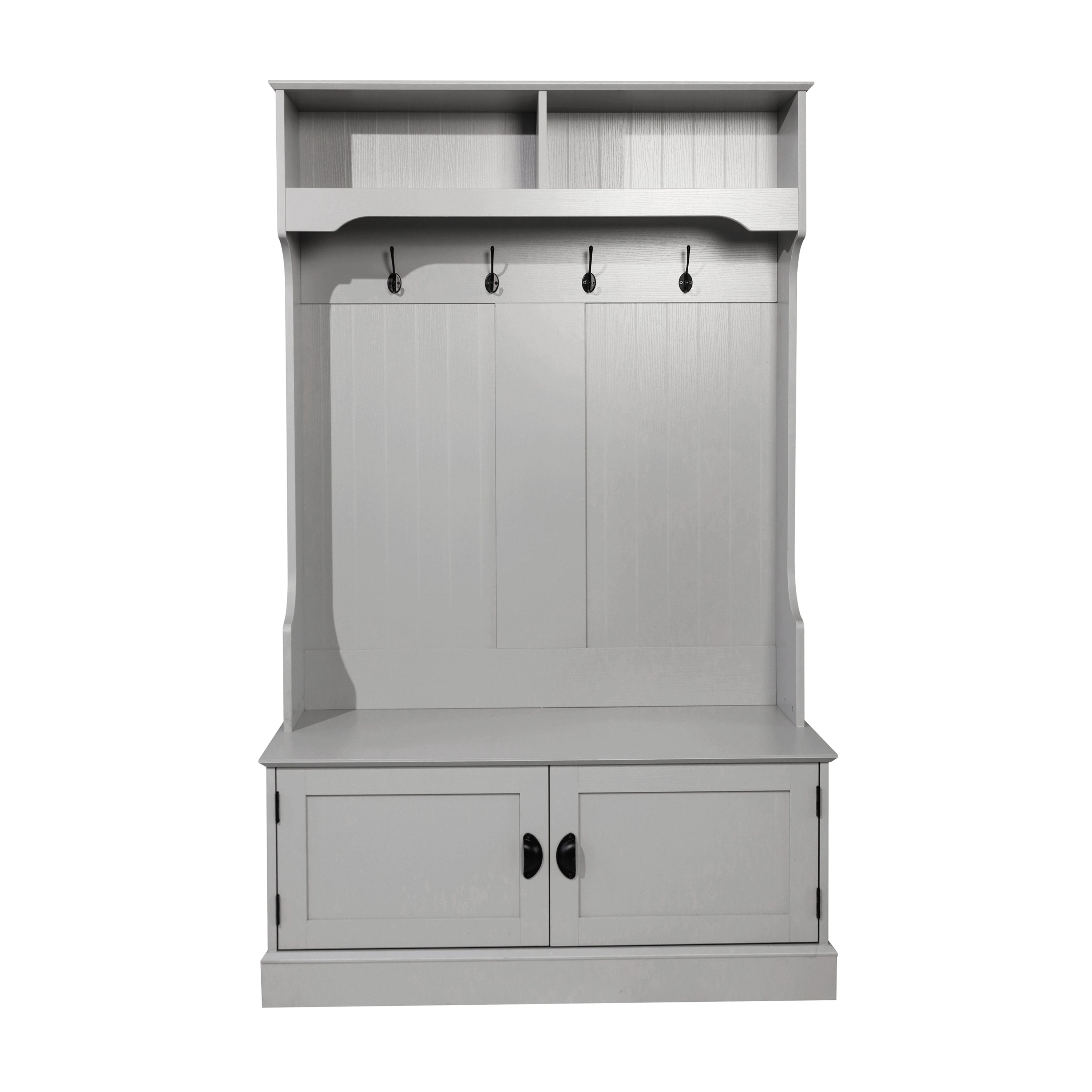 Fraser 40" Wide Hall Tree with Double Door Storage Bench, Coat Rack with 4 Black Double Hooks, and 2 Upper Storage Cubbies in Gray