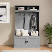 Fraser 40" Wide Hall Tree with Double Door Storage Bench, Coat Rack with 4 Black Double Hooks, and 2 Upper Storage Cubbies in Gray
