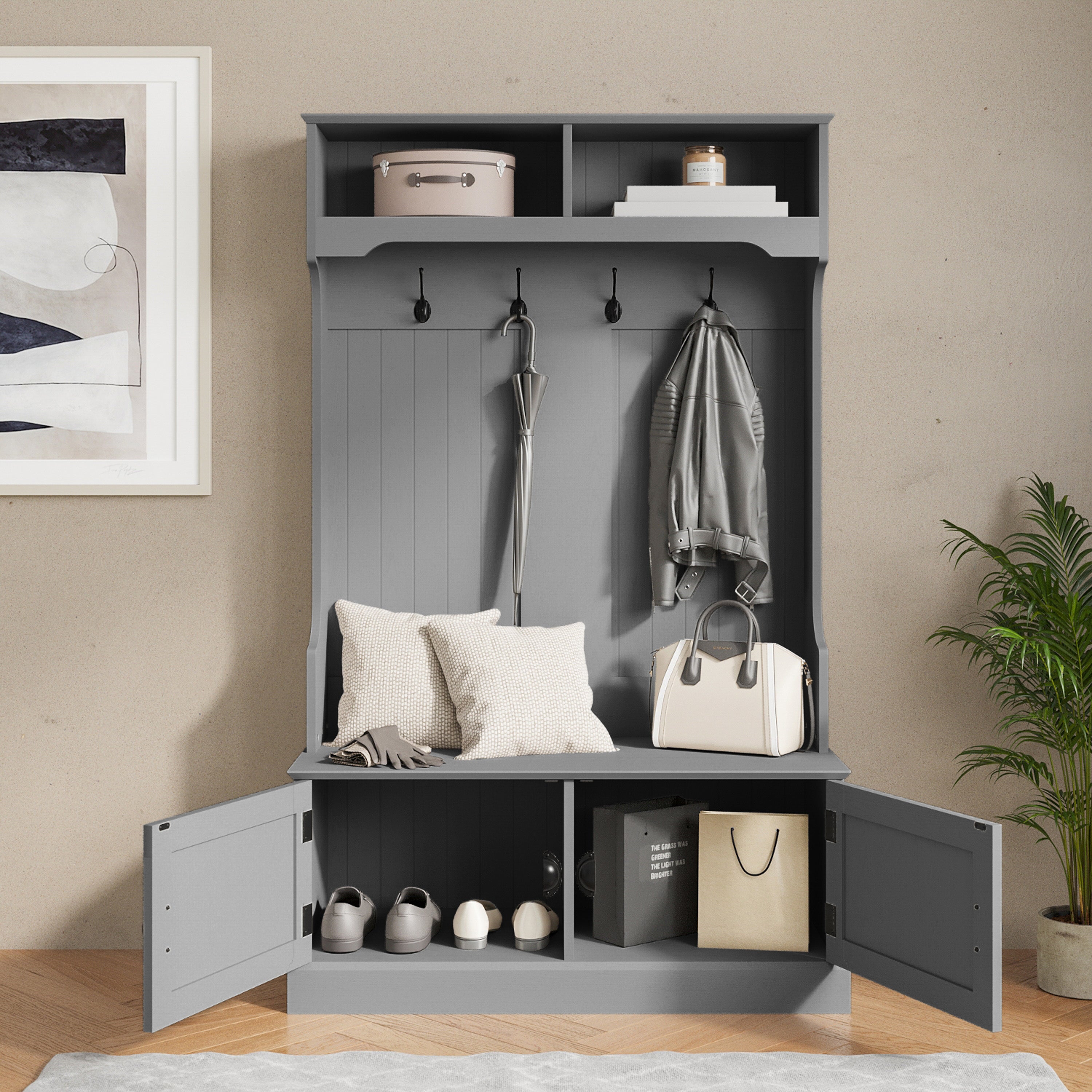 Fraser 40" Wide Hall Tree with Double Door Storage Bench, Coat Rack with 4 Black Double Hooks, and 2 Upper Storage Cubbies in Gray