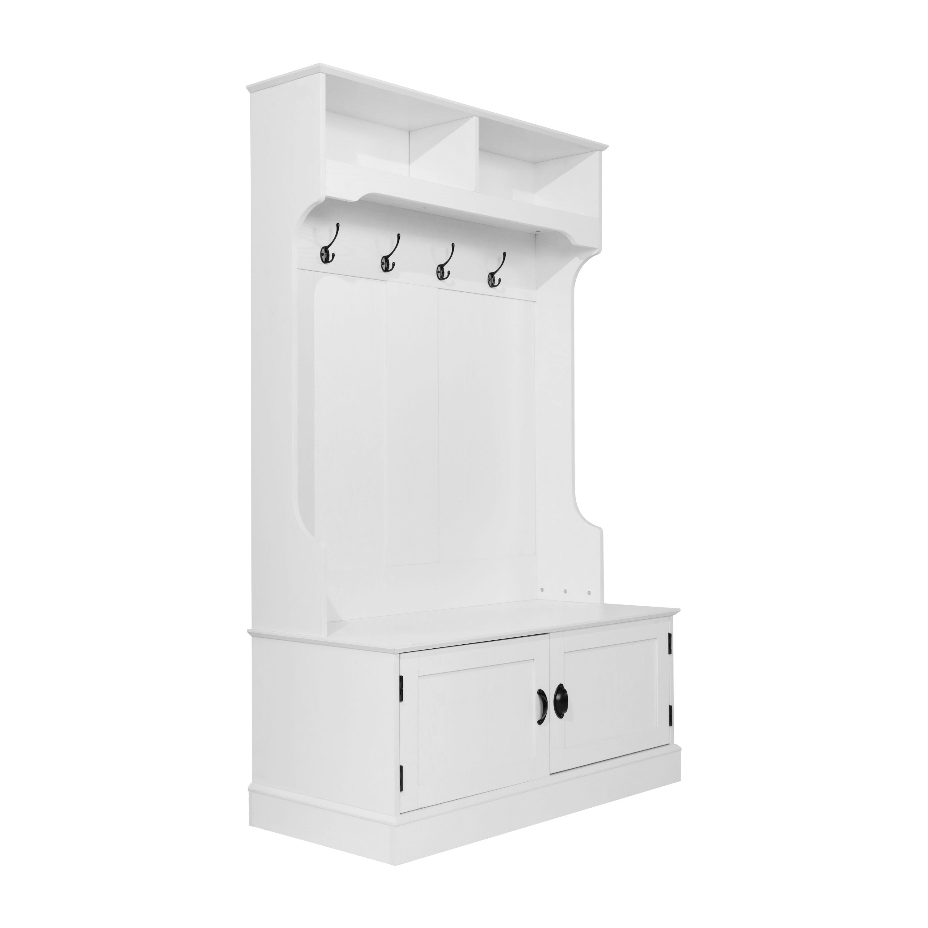 Fraser 40" Wide Hall Tree with Double Door Storage Bench, Coat Rack with 4 Black Double Hooks, and 2 Upper Storage Cubbies in White