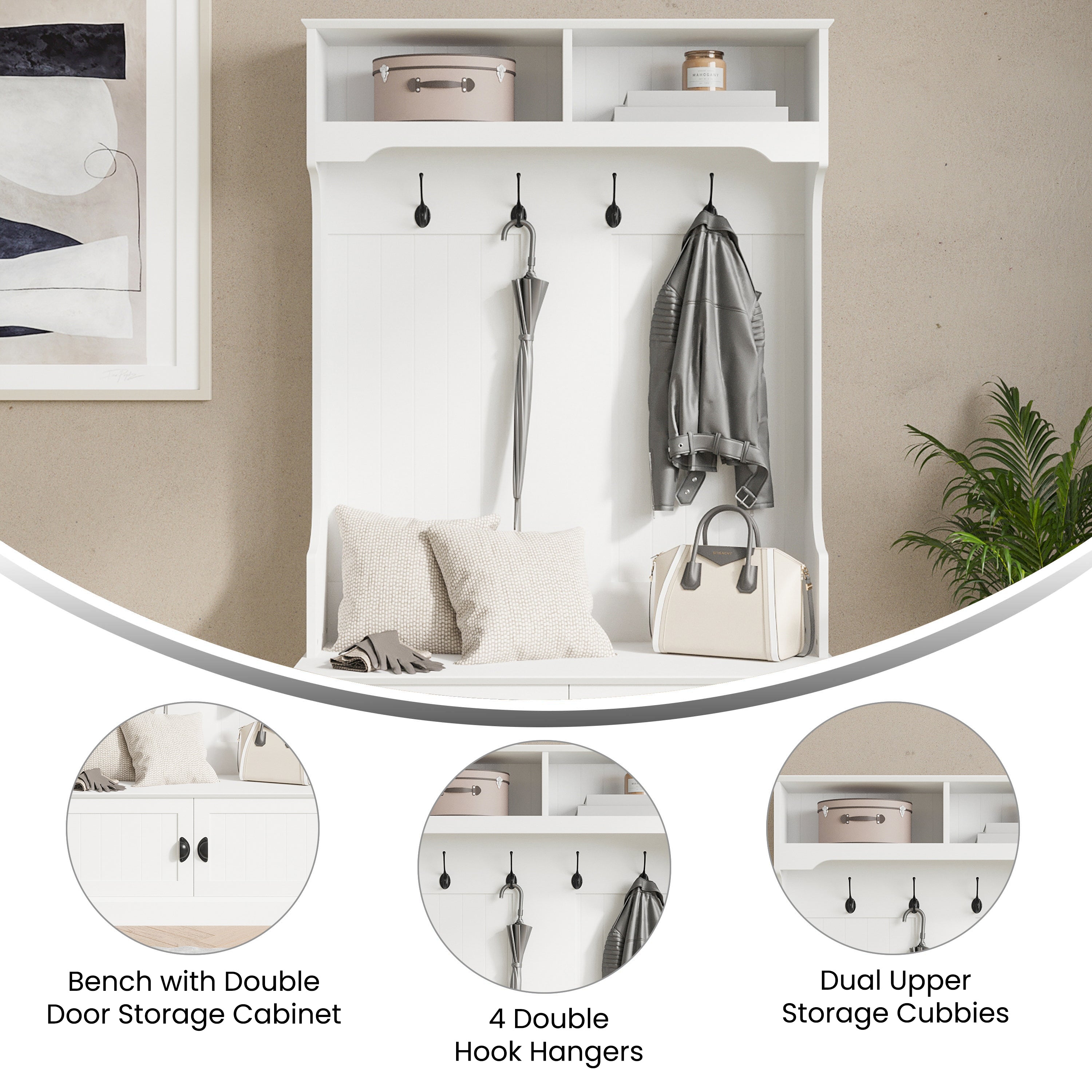 Fraser 40" Wide Hall Tree with Double Door Storage Bench, Coat Rack with 4 Black Double Hooks, and 2 Upper Storage Cubbies in White