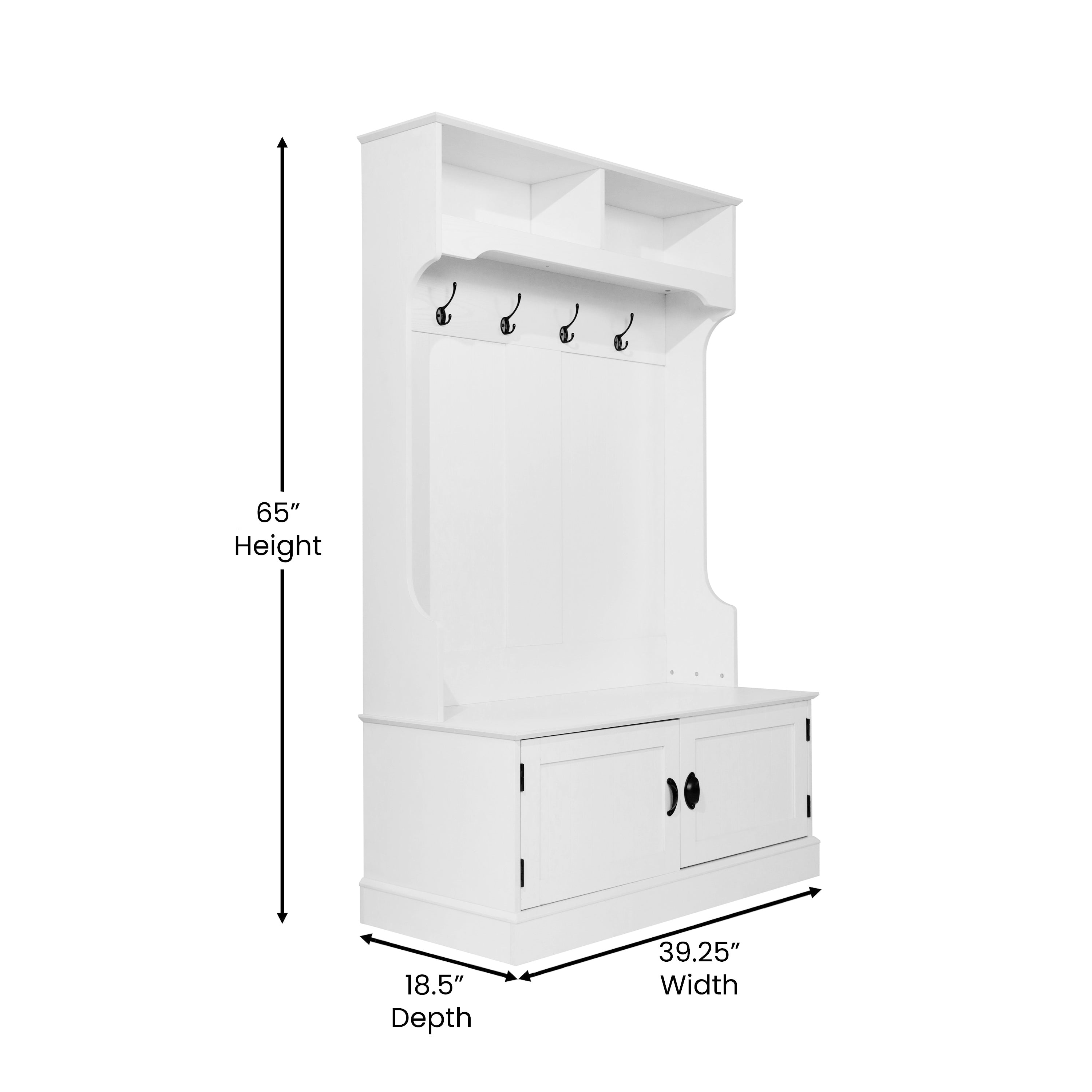 Fraser 40" Wide Hall Tree with Double Door Storage Bench, Coat Rack with 4 Black Double Hooks, and 2 Upper Storage Cubbies in White
