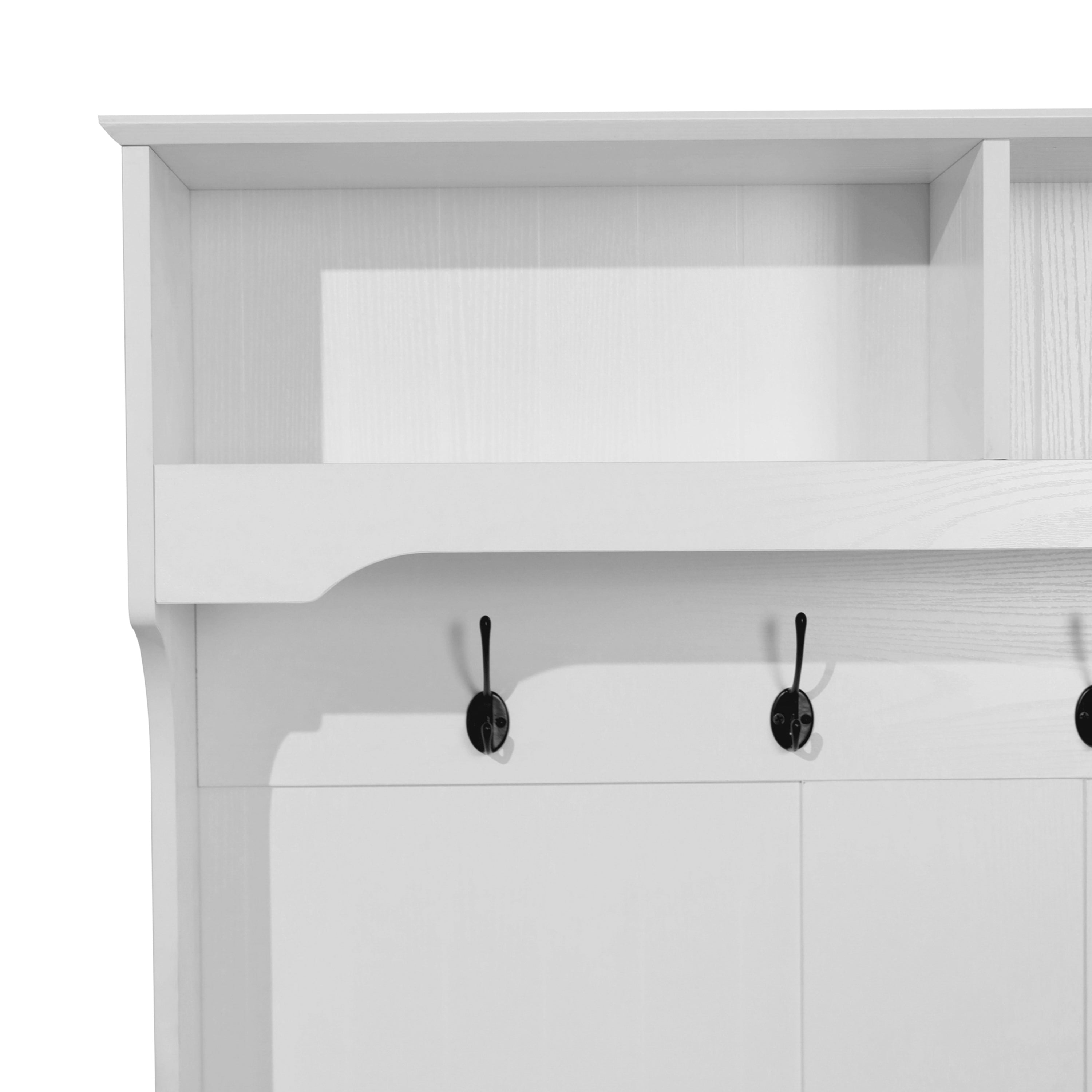 Fraser 40" Wide Hall Tree with Double Door Storage Bench, Coat Rack with 4 Black Double Hooks, and 2 Upper Storage Cubbies in White