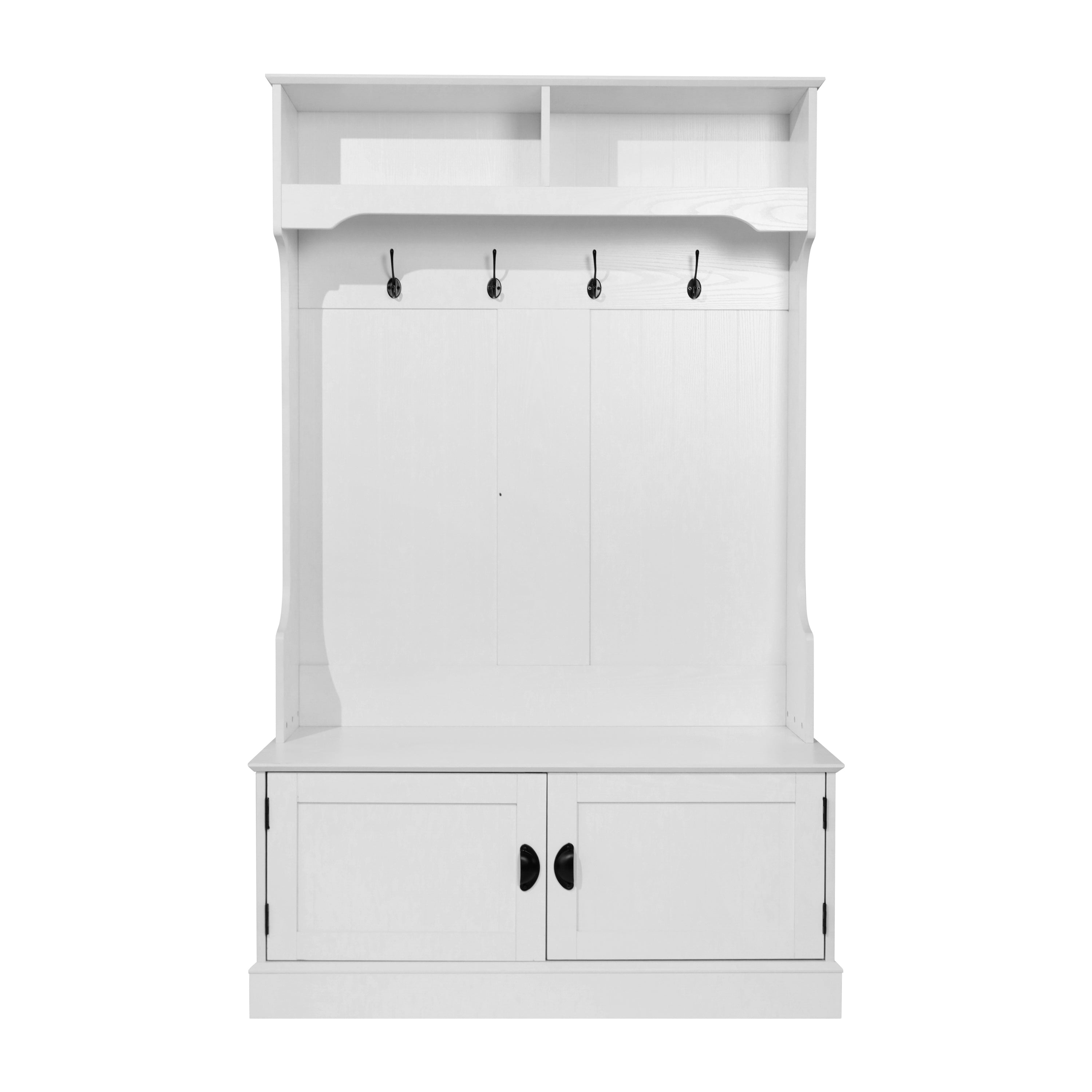 Fraser 40" Wide Hall Tree with Double Door Storage Bench, Coat Rack with 4 Black Double Hooks, and 2 Upper Storage Cubbies in White