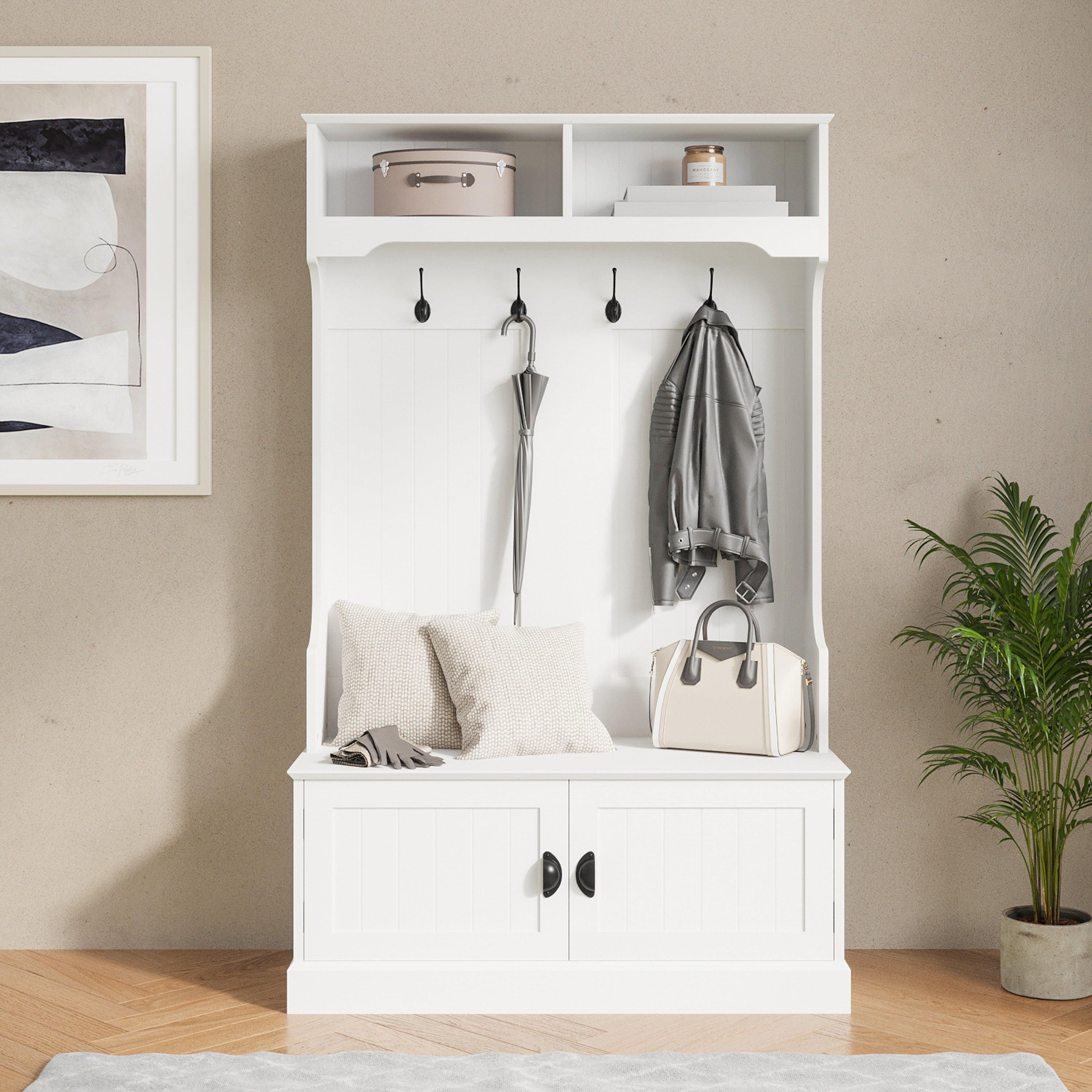 Fraser 40" Wide Hall Tree with Double Door Storage Bench, Coat Rack with 4 Black Double Hooks, and 2 Upper Storage Cubbies in White