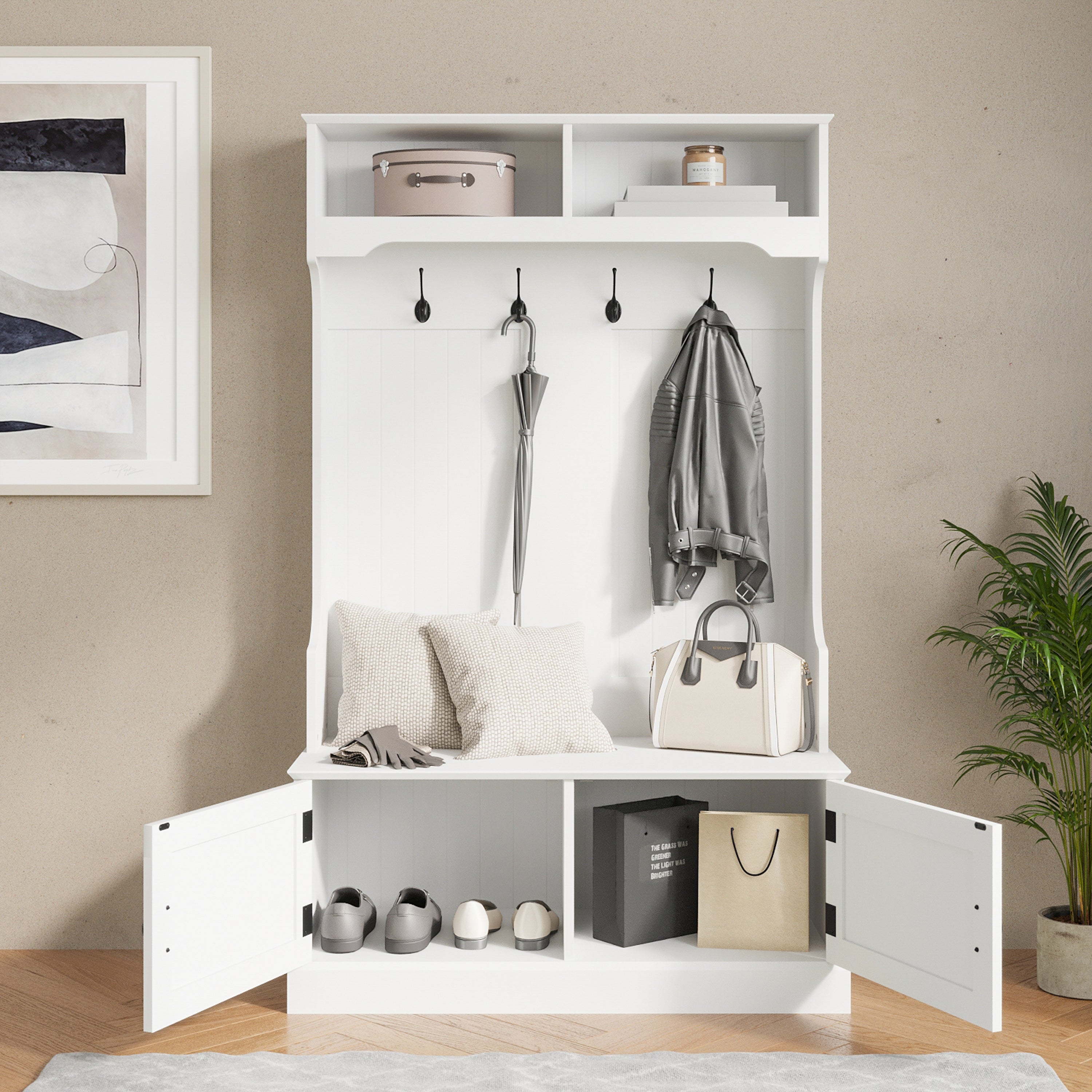 Fraser 40" Wide Hall Tree with Double Door Storage Bench, Coat Rack with 4 Black Double Hooks, and 2 Upper Storage Cubbies in White